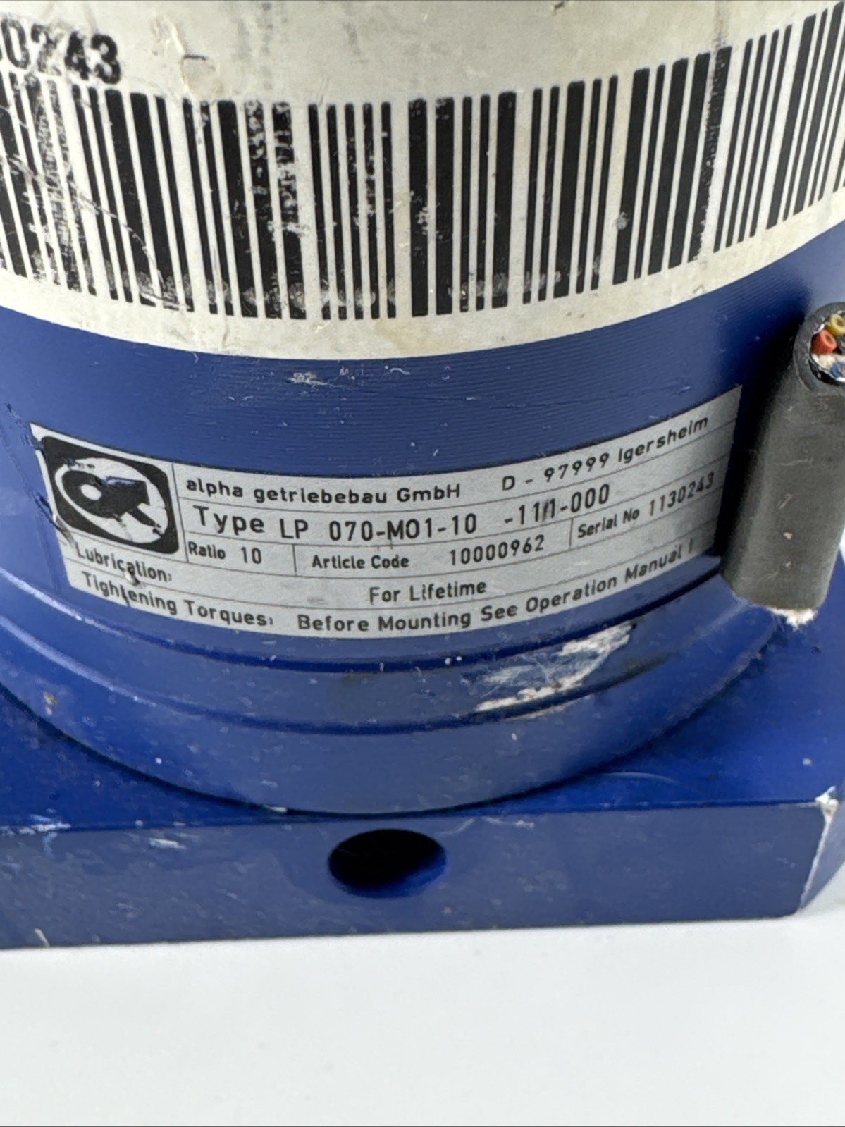 Alpha LP 070-M01-10-111-000 Planetary Gearbox 10:1 Reducer 175rpm