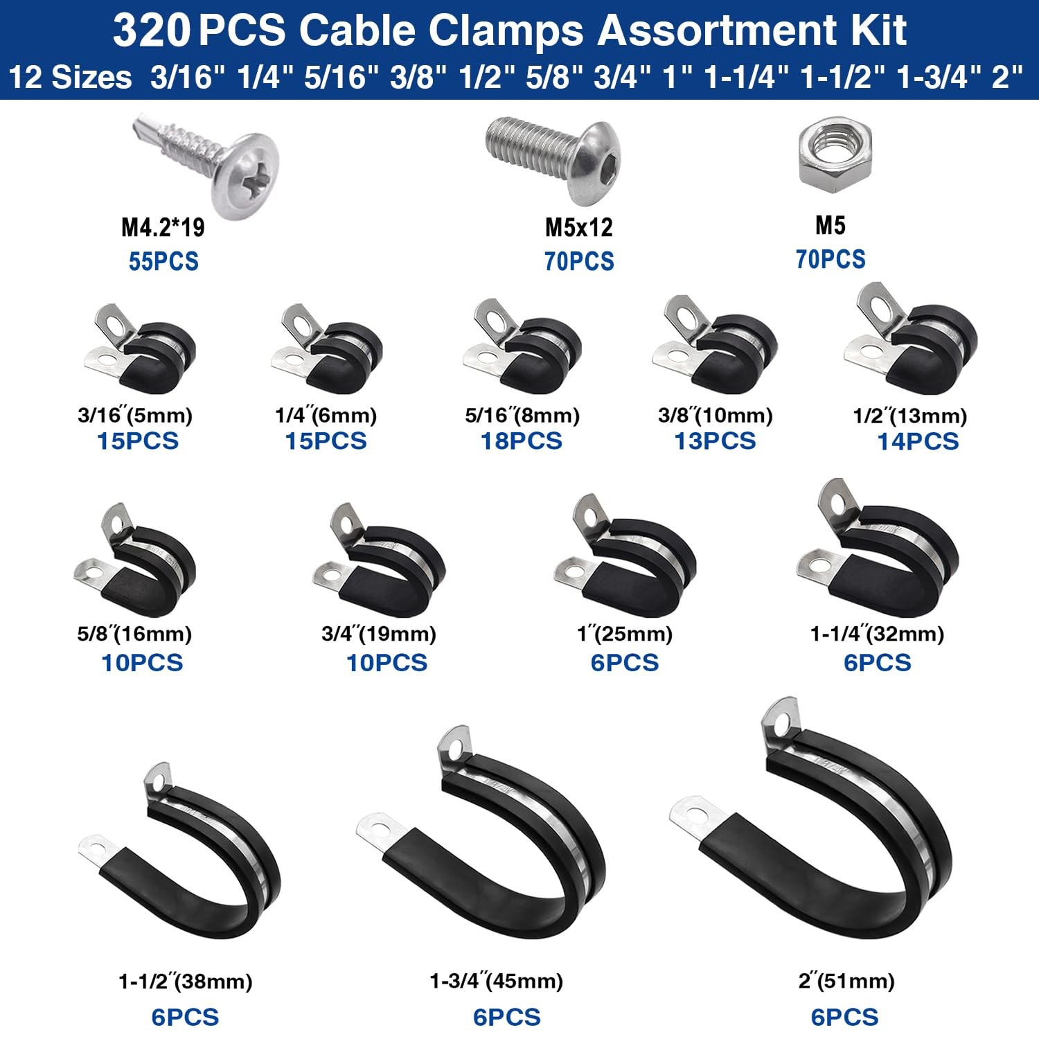 Taiss 320PCS Cable Clamps Assortment Kit 304 Stainless Steel Rubber Cushion