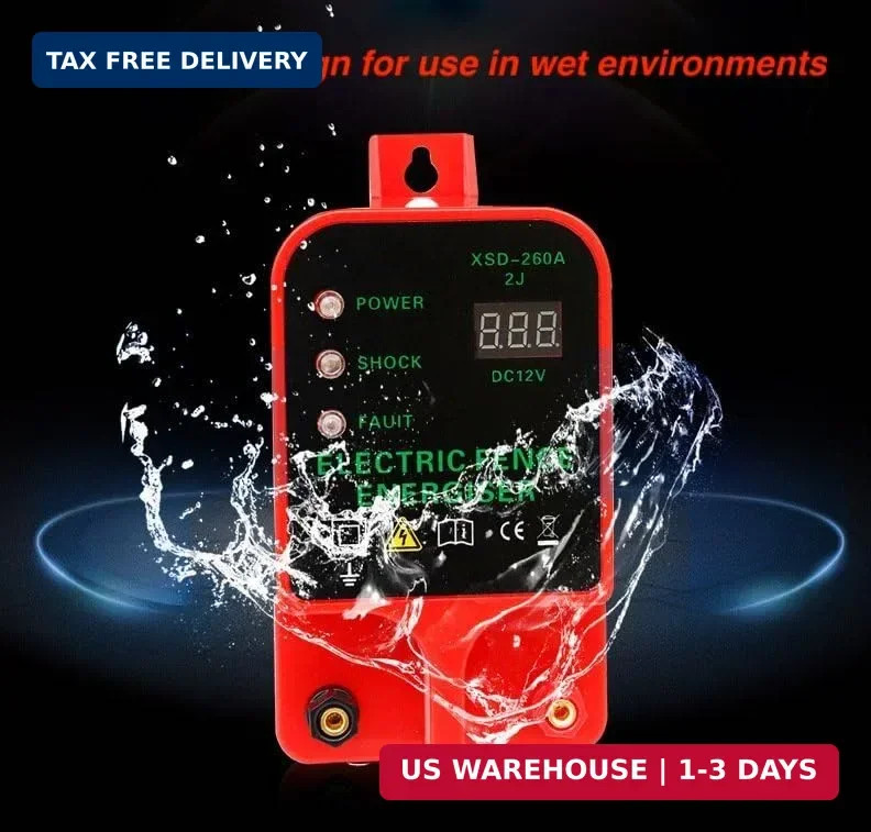 10KM 2J Portable Electric Fence Energizer, Waterproof Fence Charger for Livestoc