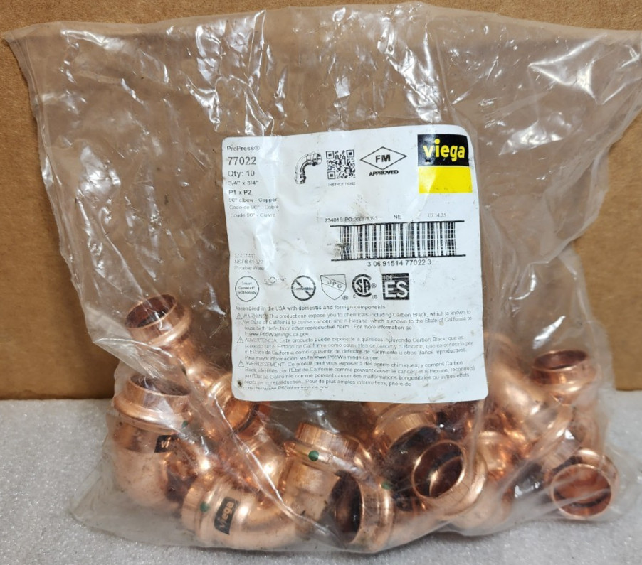 Viega 77022 ProPress 3/4″ x 3/4″ 90° Copper Elbow (Bag of 10)