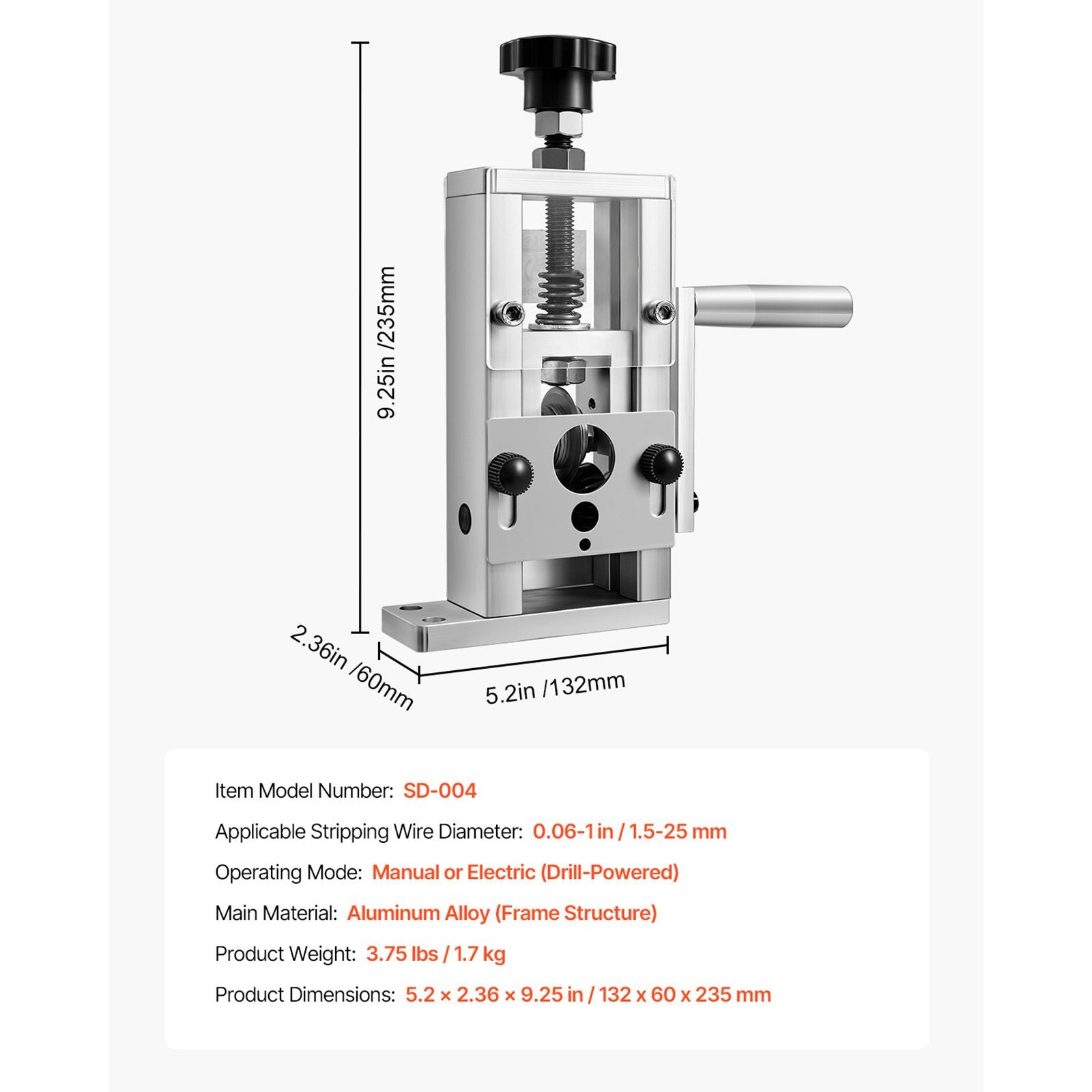Manual Wire Stripping Machine, 0.06-1 in, Copper Stripper with Hand Crank