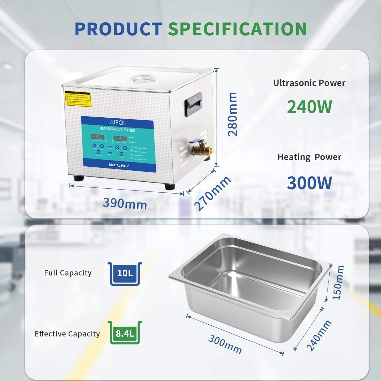 AIPOI 10L Ultrasonic Cleaner with Timer Heating Machine Digital Sonic Cleaner
