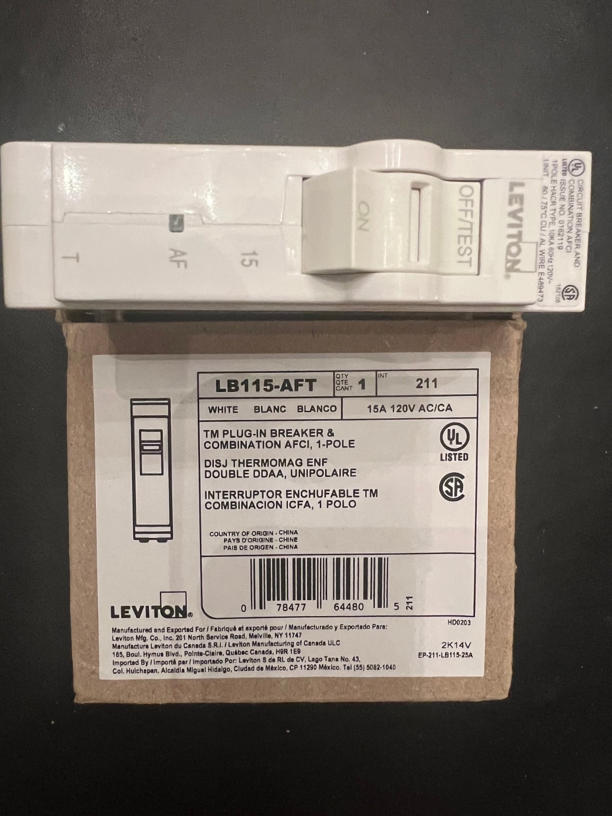 Leviton LB115-AFT 120V 15A 1-Pole Plug-On AFCI Thermal Magnetic Circuit Breaker