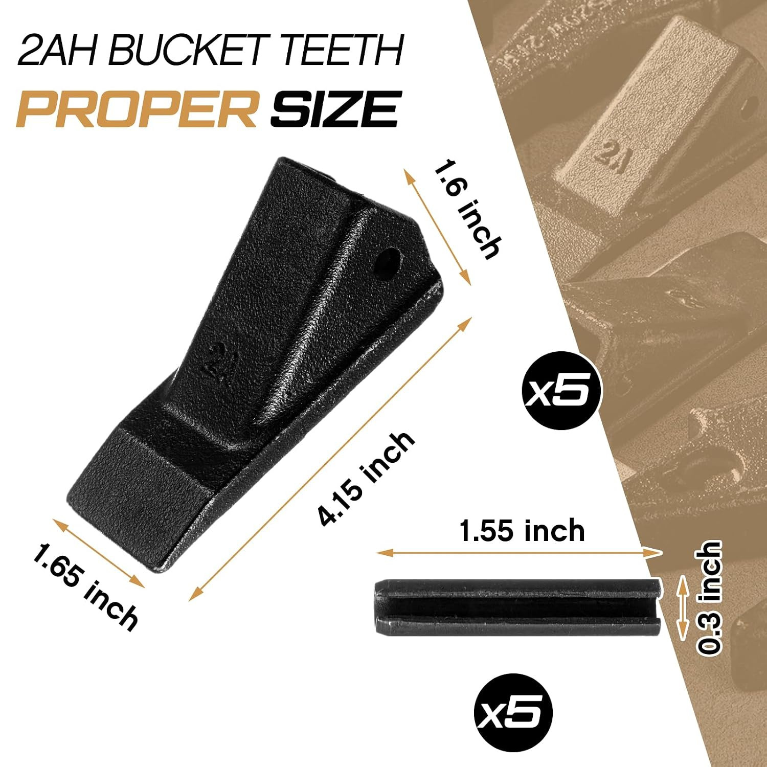 5 Pack 2AH Bucket Teeth with Pins 2A Series Excavator Backhoe Bucket Replacement