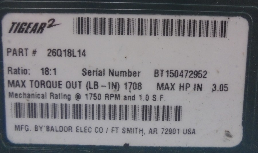DODGE TIGEAR 2, RIGHT ANGLE WORM GEAR SPEED REDUCER, 26Q18L14, 18:1, 3.05 HP