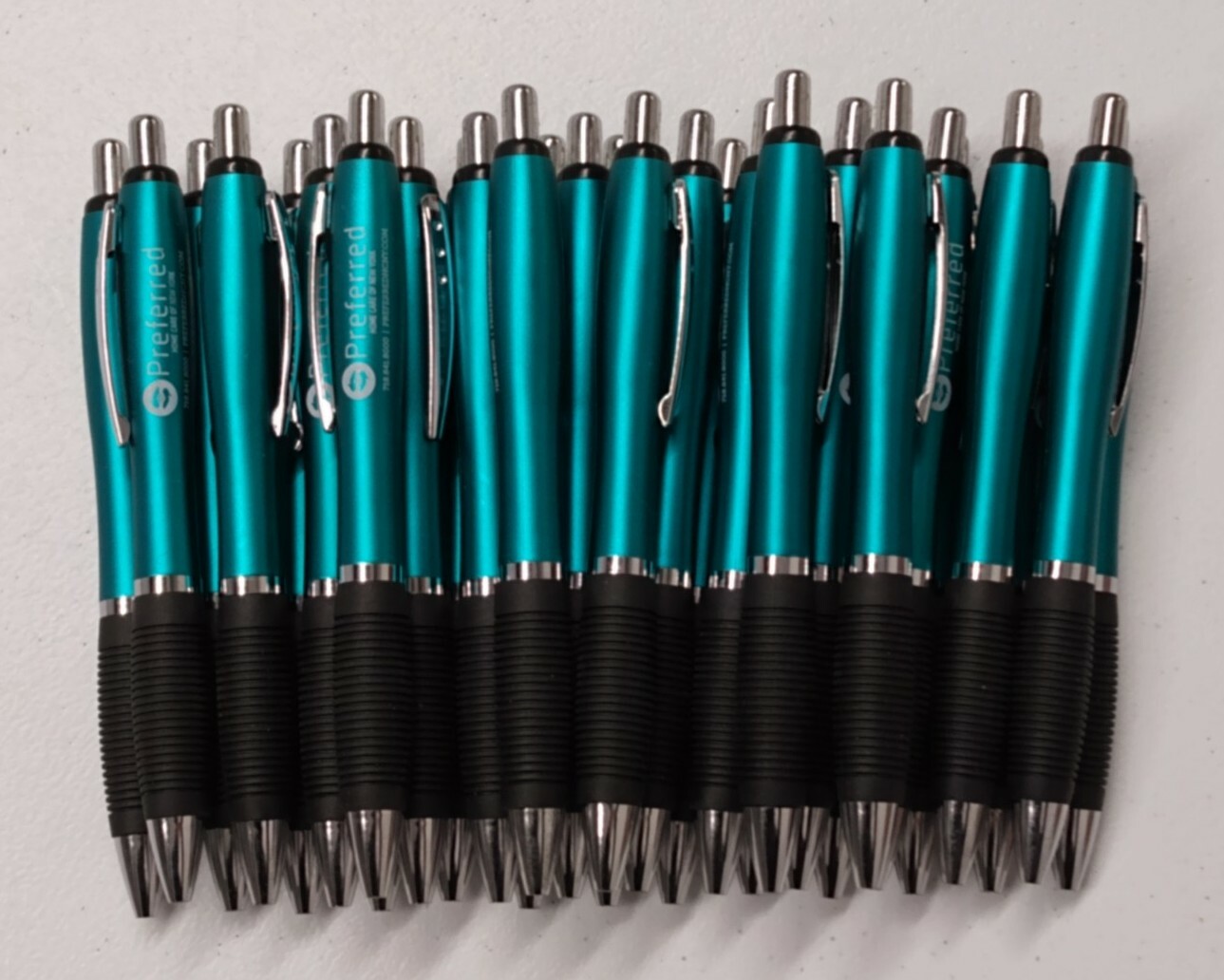 30ct Lot Misprint Click Pens Thick Barrel Rubber Grip TEAL AQUA BLUE GREEN