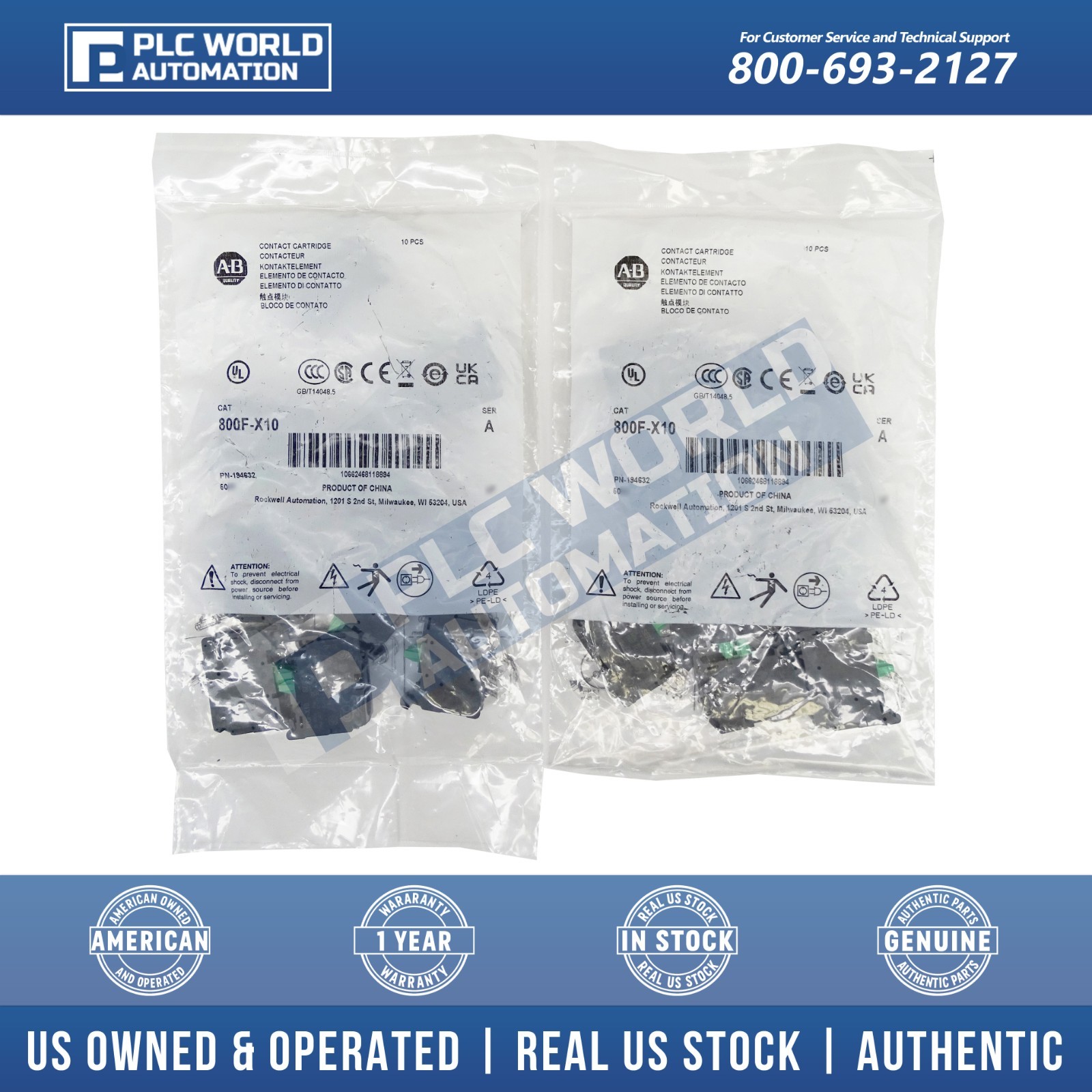 Allen Bradley 800F-X10 Contact Block, 1 NO, 10 A, Screw, Pack of 10, New Sealed
