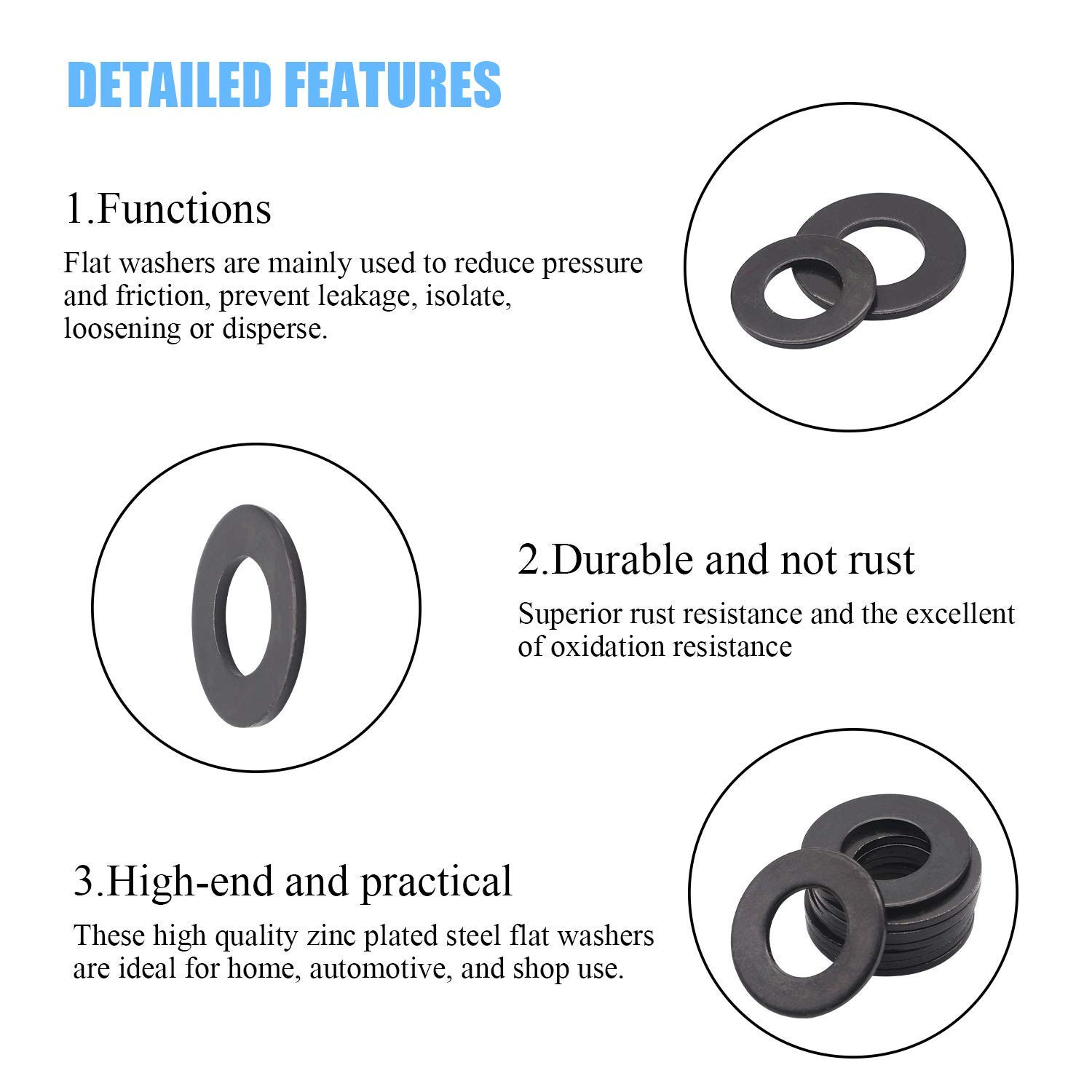 700 Pieces 9 Sizes Black Zinc Plated Steel Flat Washers Assortment Kit (M2 M2.5