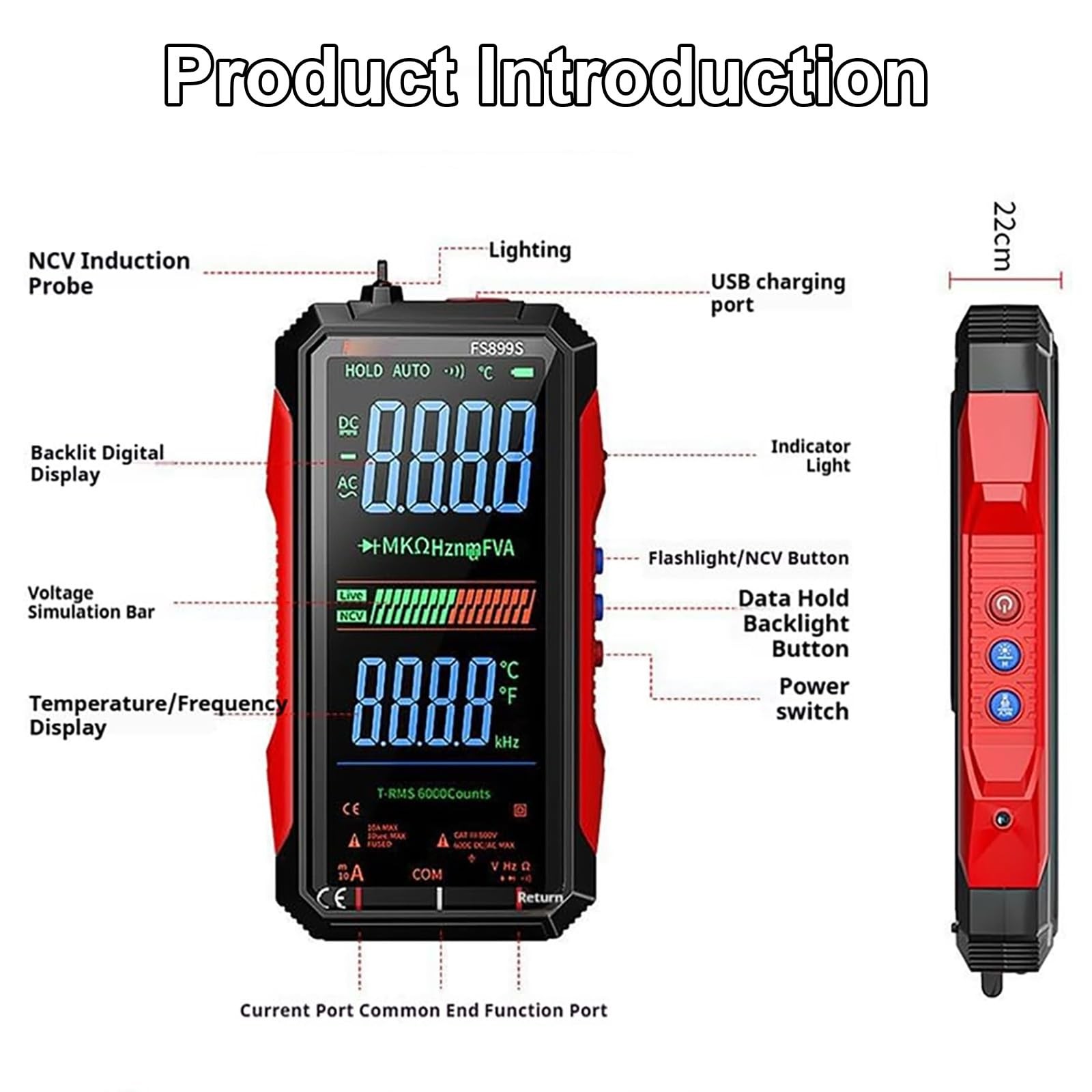 FS899L Digital Multimeter True RMS Auto-Ranging 6000 Counts USB-C Test Leads