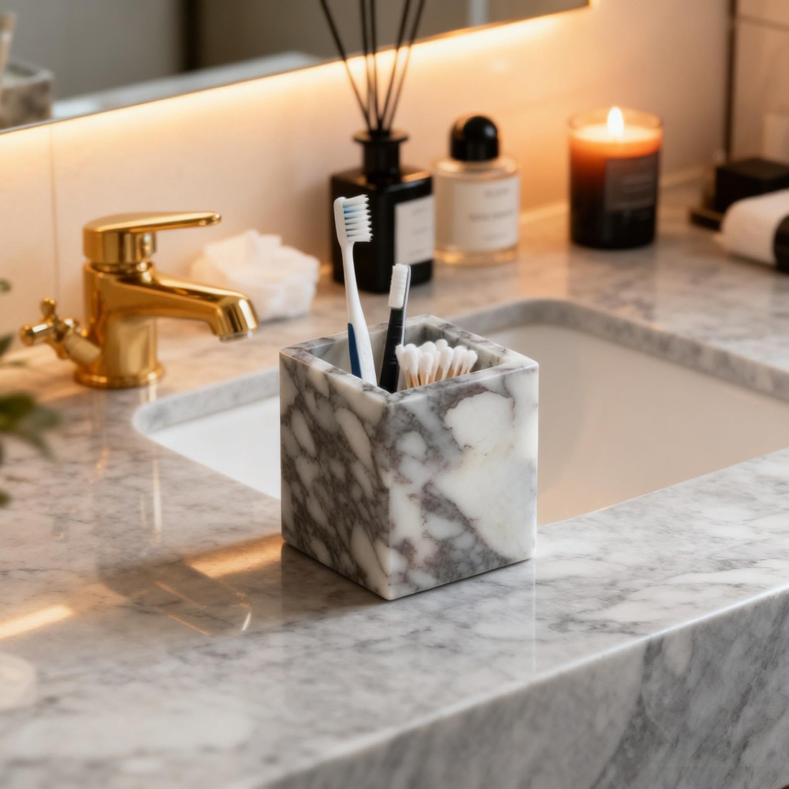 Marble Pen Holder, 3.19 in Square Pencil Cup | Natural marble pencil cup for …