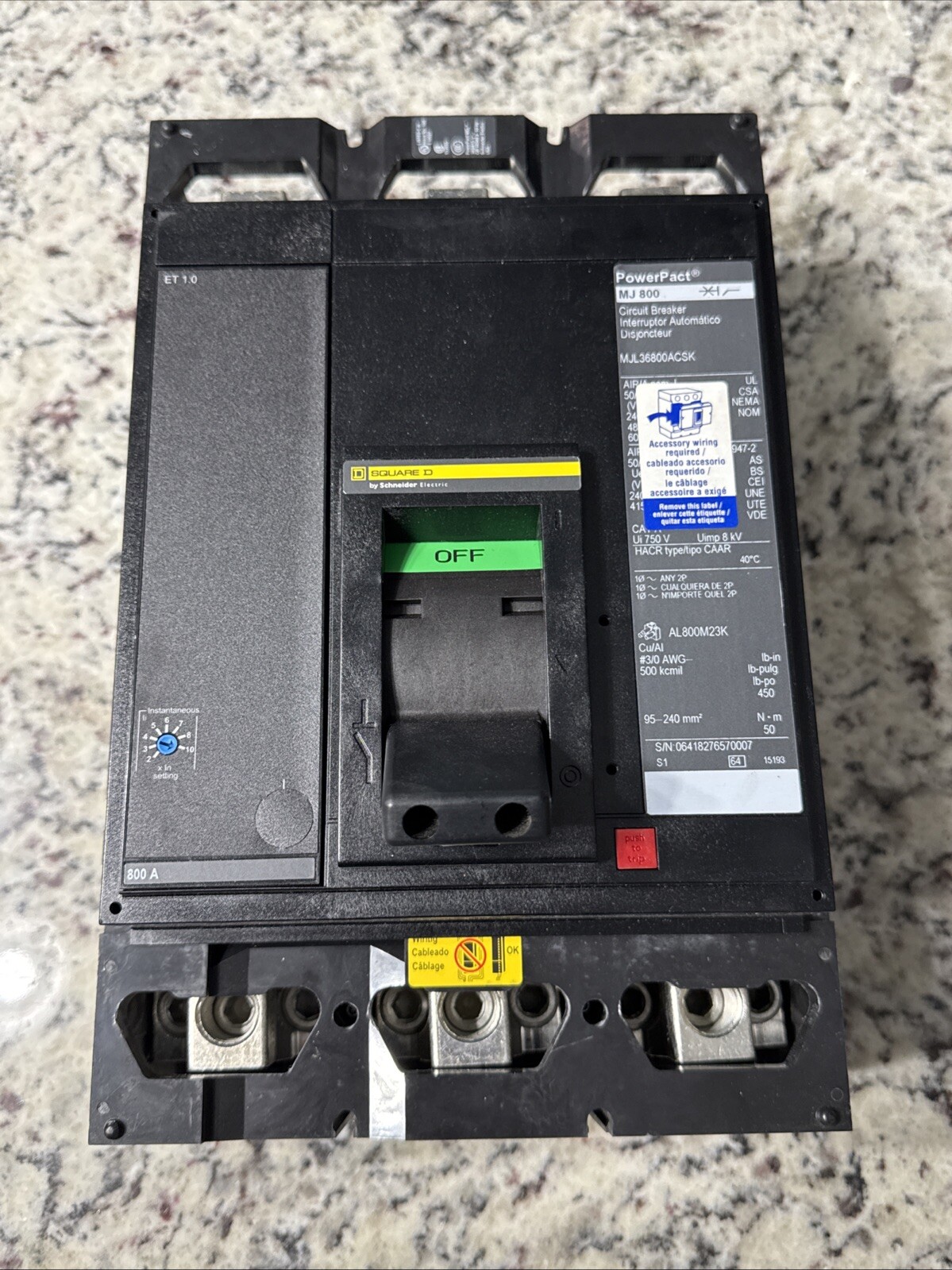 Square D MJL36800 MJL36800ACSK 800A 3-Pole PowerPact Circuit Breaker
