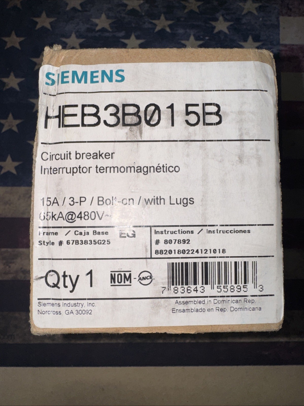 Siemens HEB3B015 EG Frame 15A 3 Pole 480V 65kA Bolt On Breaker Brand New In Box