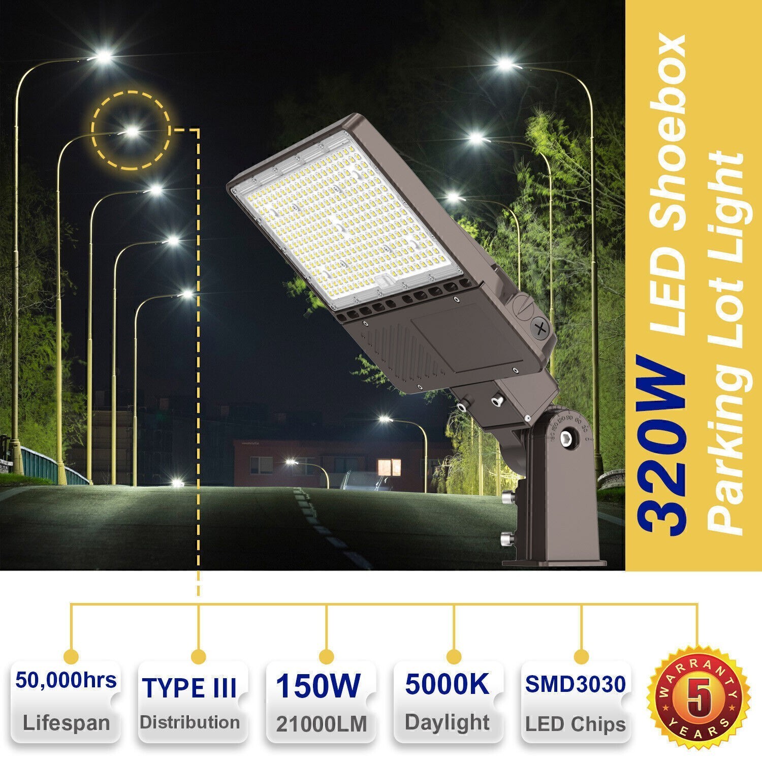 150W LED Parking Lot Light 22,500LM Outdoor Commercial Shoebox Street Fixture UL