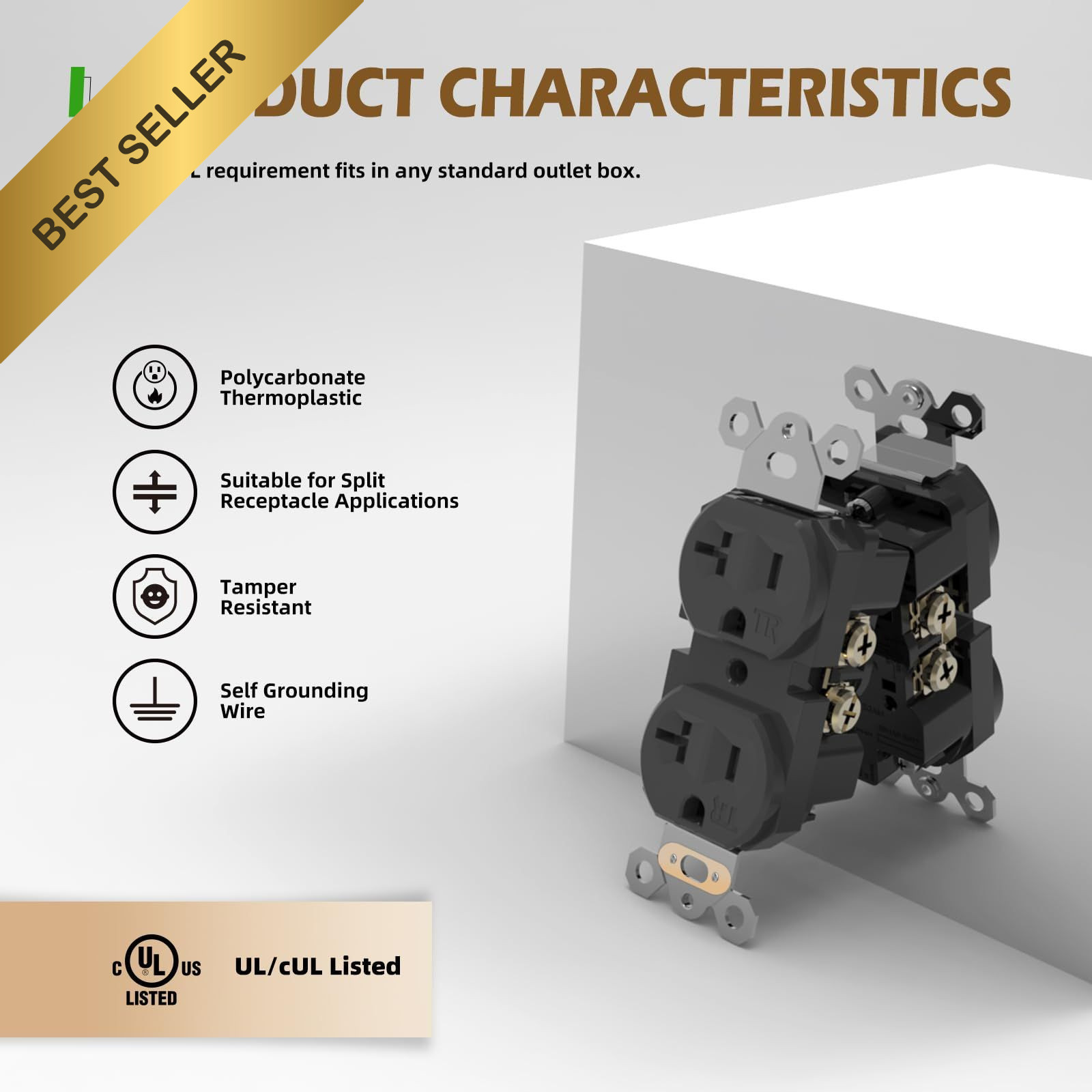 Black 20Amp Duplex Receptacle Outlet Tamper-Resistant Electrical Socket 10 Pack