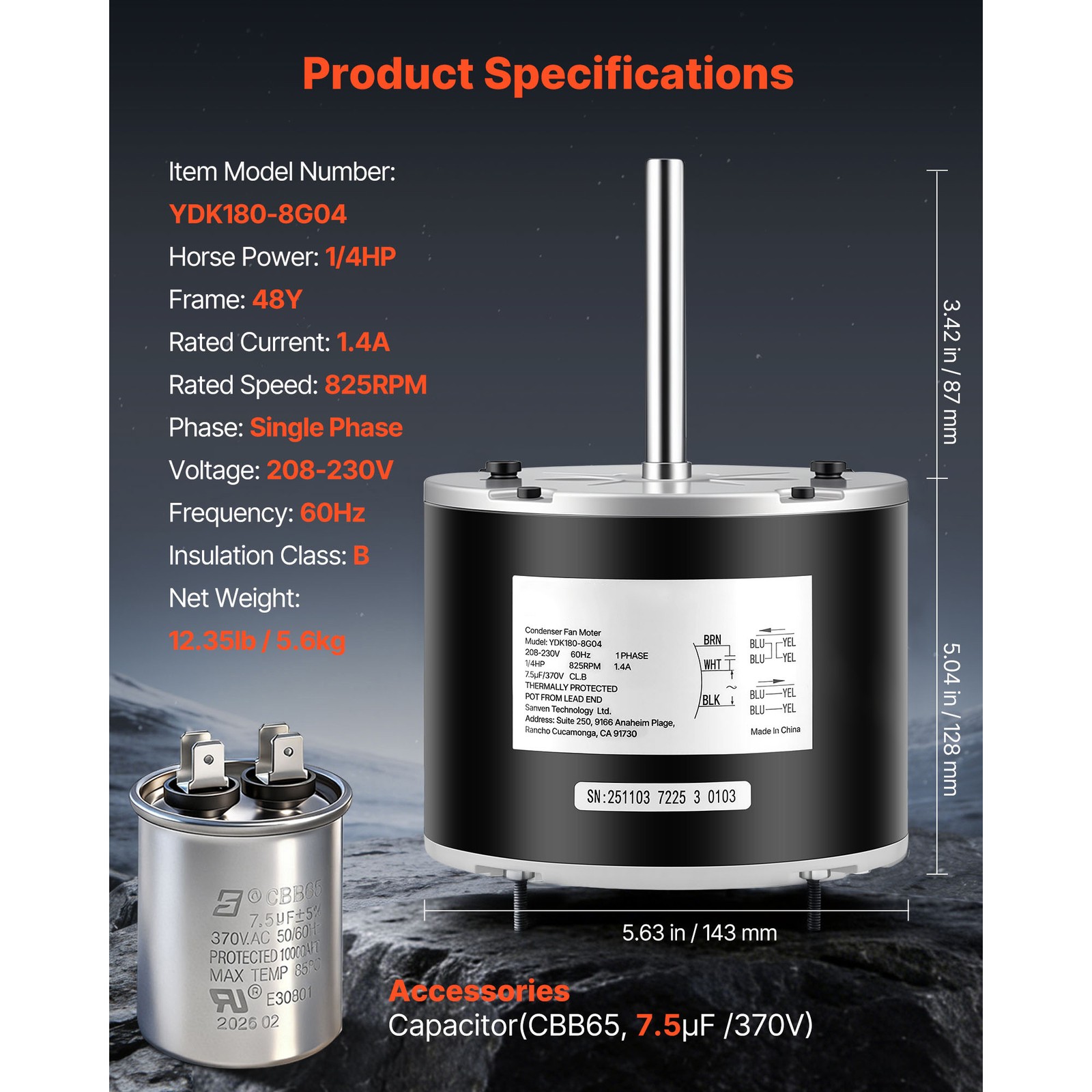Uimoso Condenser Fan Motor with Capacitor 1/4HP 825RPM 208-230V Dual Rotation