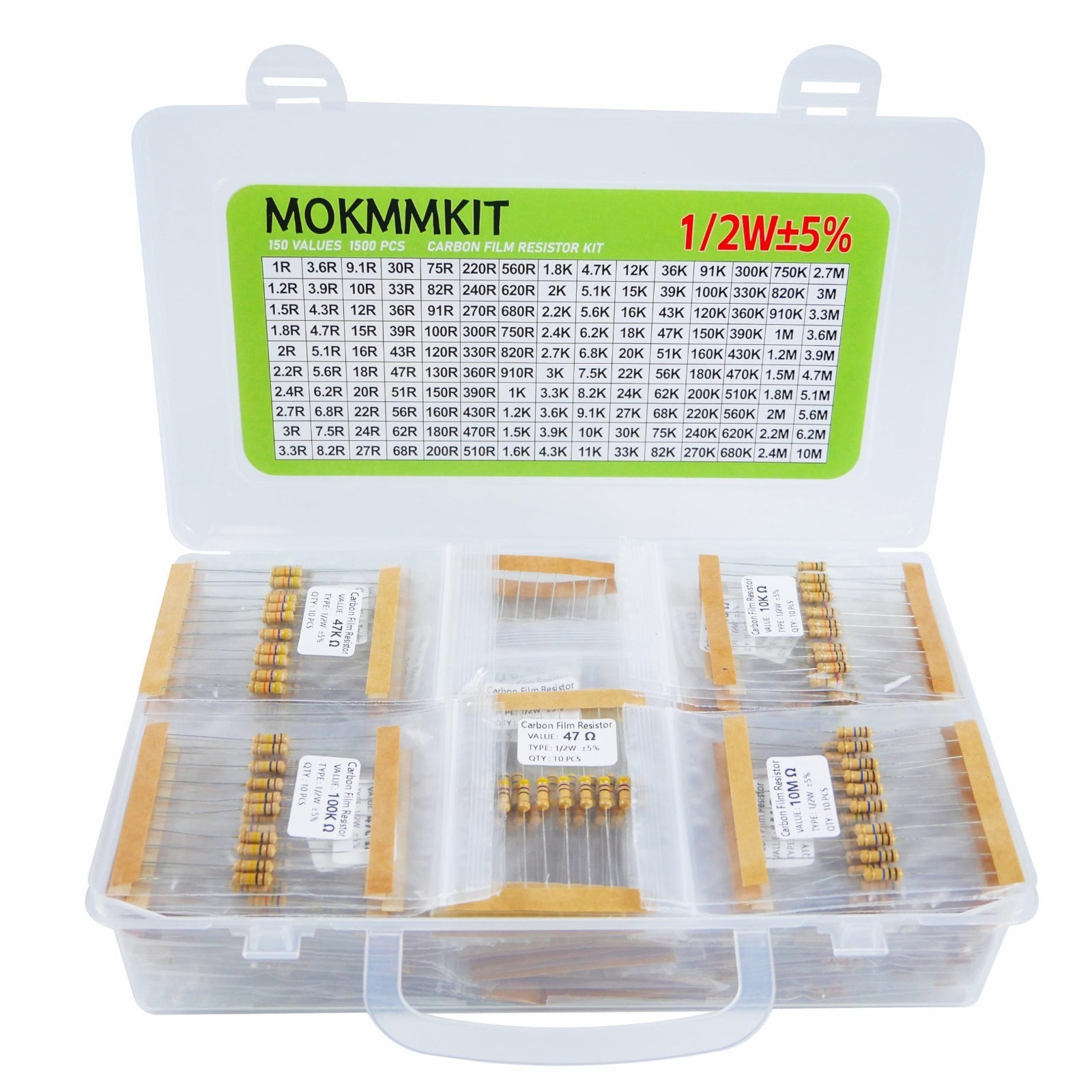1500-Piece Resistor Kit – 1 Ohm to 10M Ohm, 1/2W 5% Carbon Film Assortment