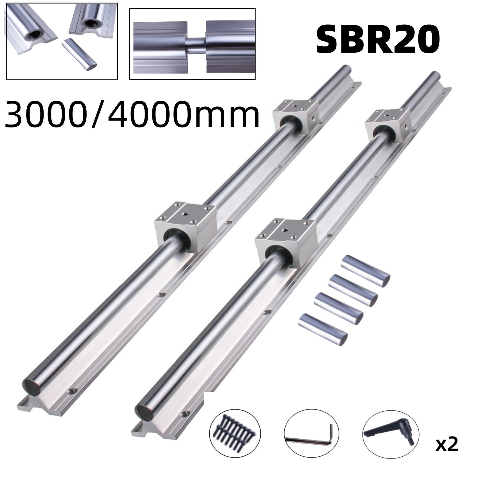 2Pcs SBR20 L200-1500mm Linear Rail Guide Shaft Rod & 4Pcs SBR20UU Block Bearing