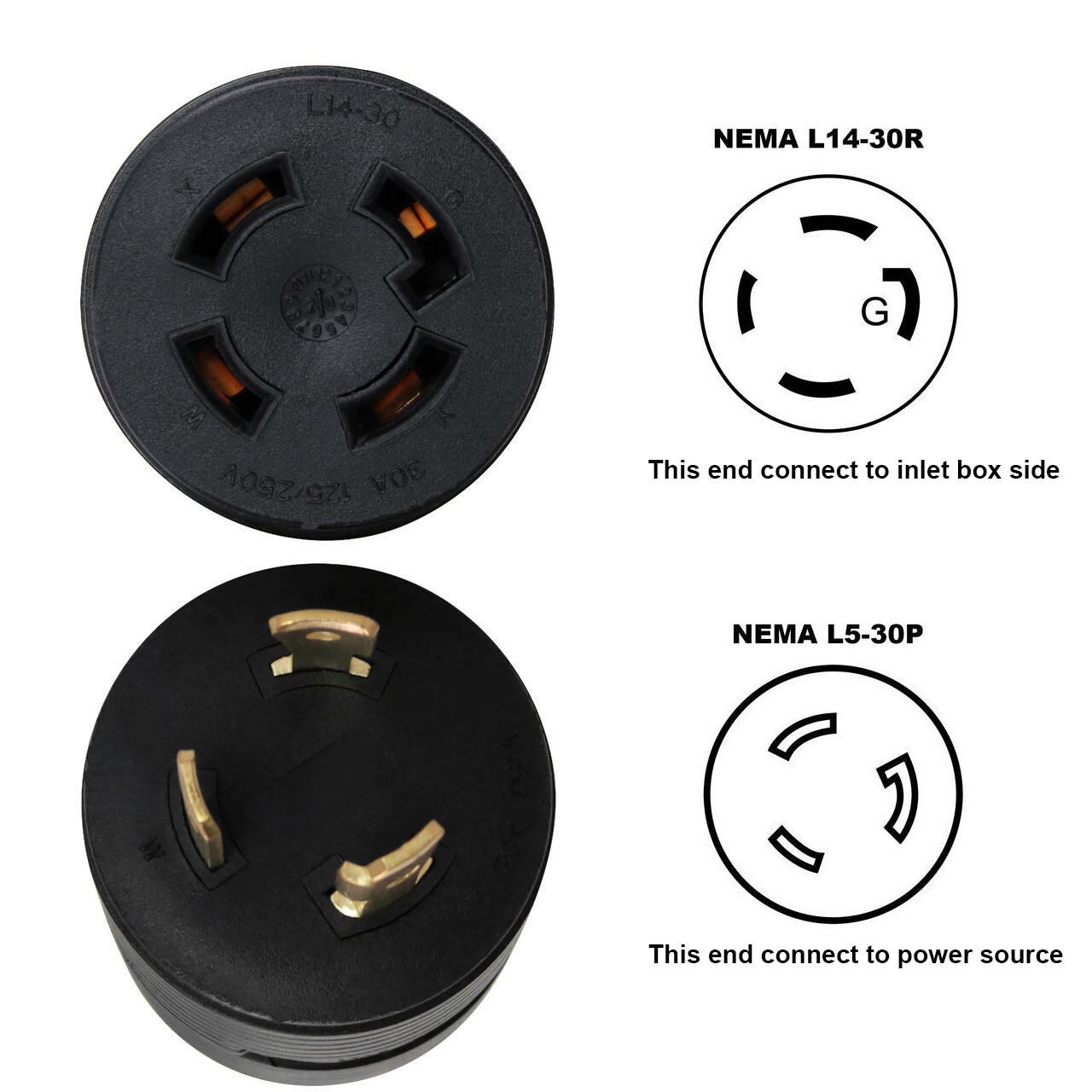 3 Prong to 4 Prong 30 Amp Generator Adapter L5-30P to L14-30R (Hots Bridged)