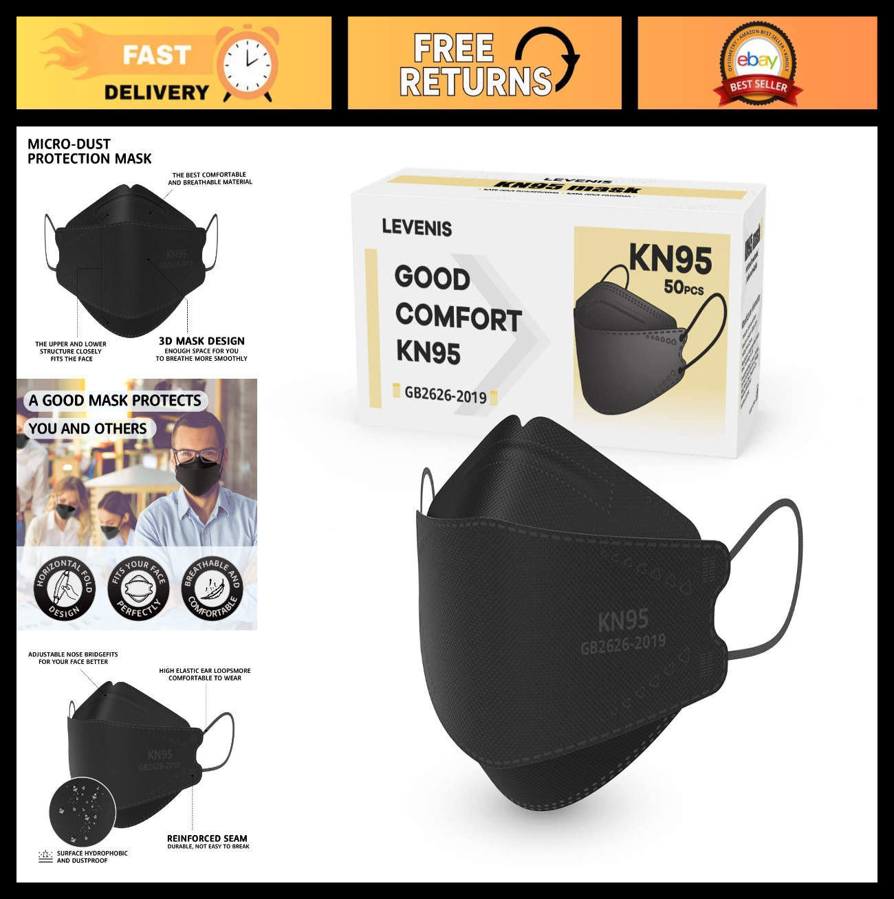 50 Pack KN95 Face Masks – Breathable, Comfortable, Disposable Black Masks
