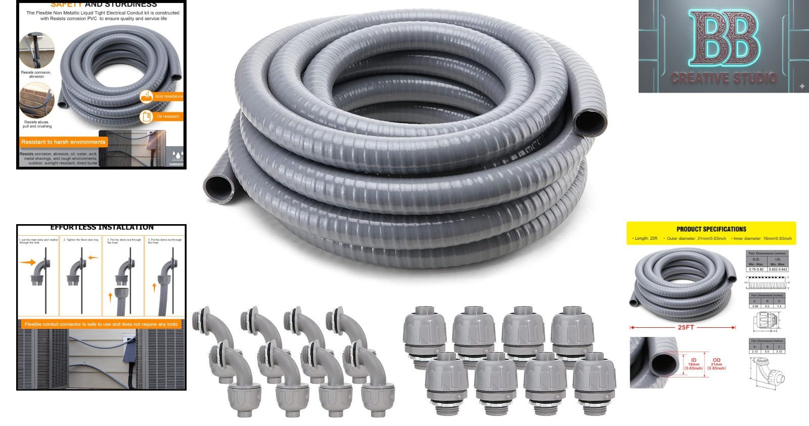 25ft Liquid-Tight Electrical Conduit Kit with 16 Connectors Included