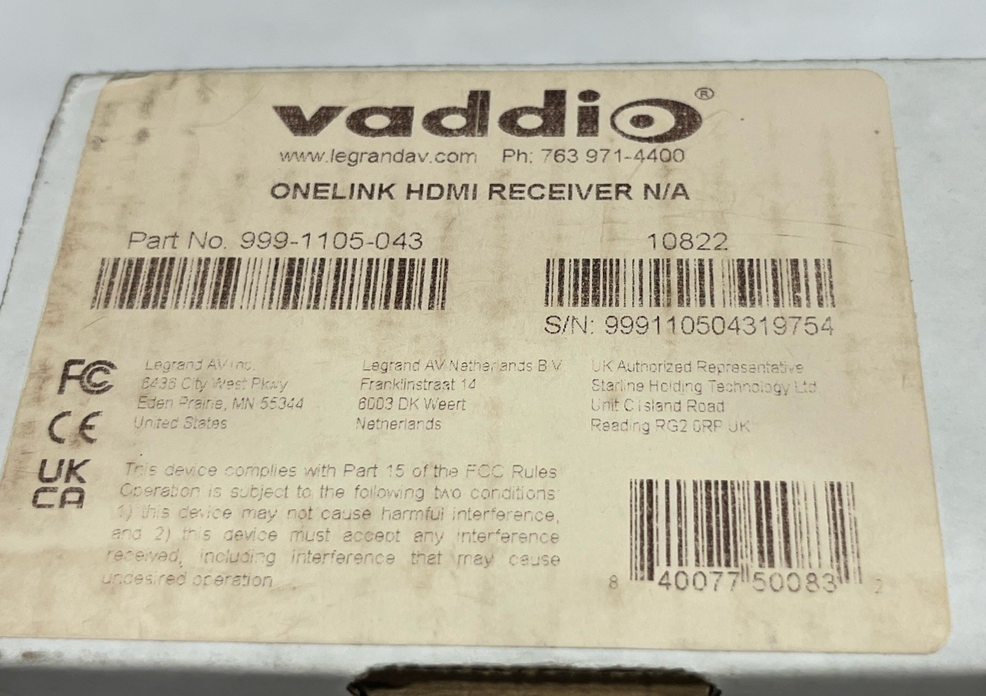 Vaddio 999-1105-043 OneLINK HDMI Receiver r185