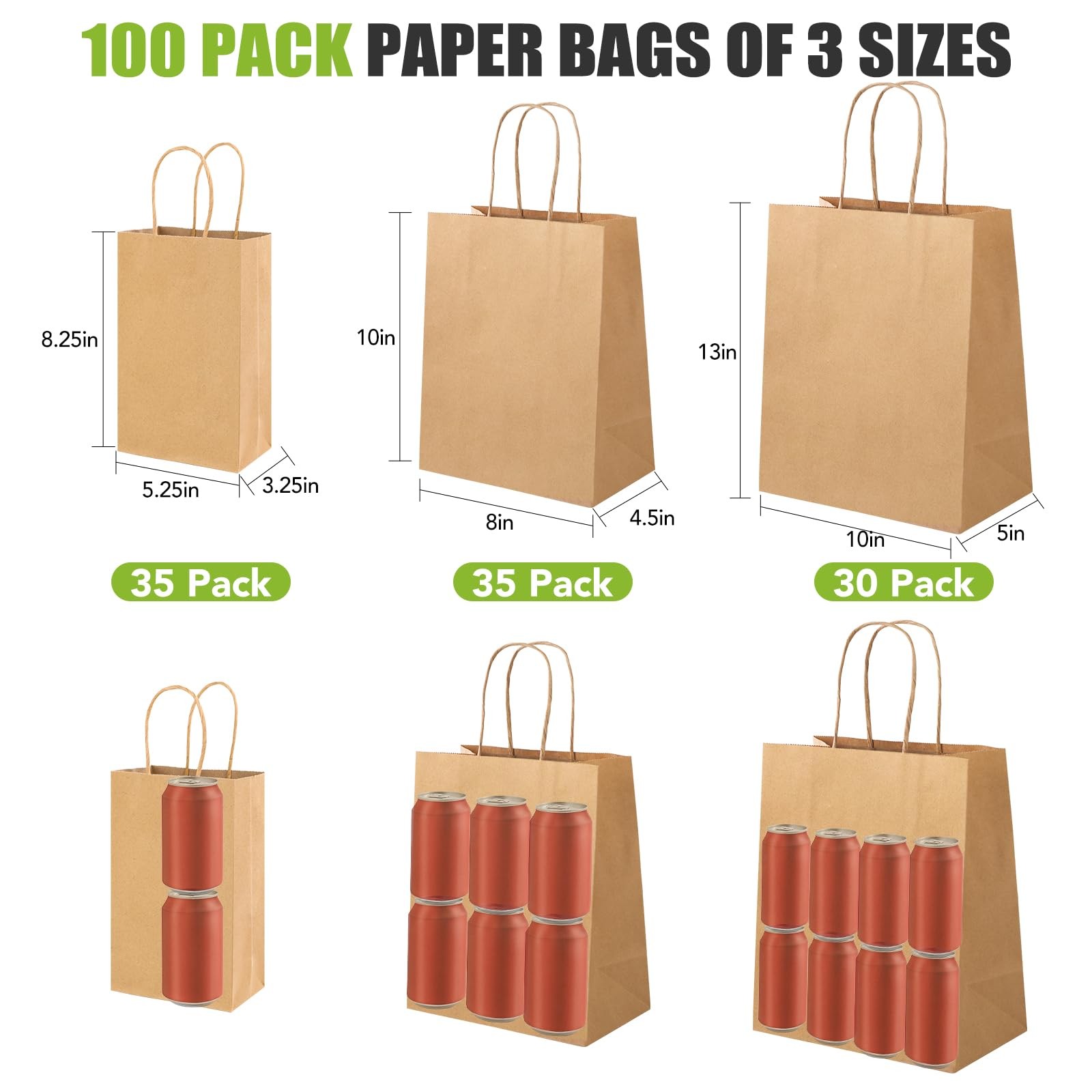 XPCARE 100PCS Brown Paper Bags with Handles, 1 Count (Pack of 100), brown