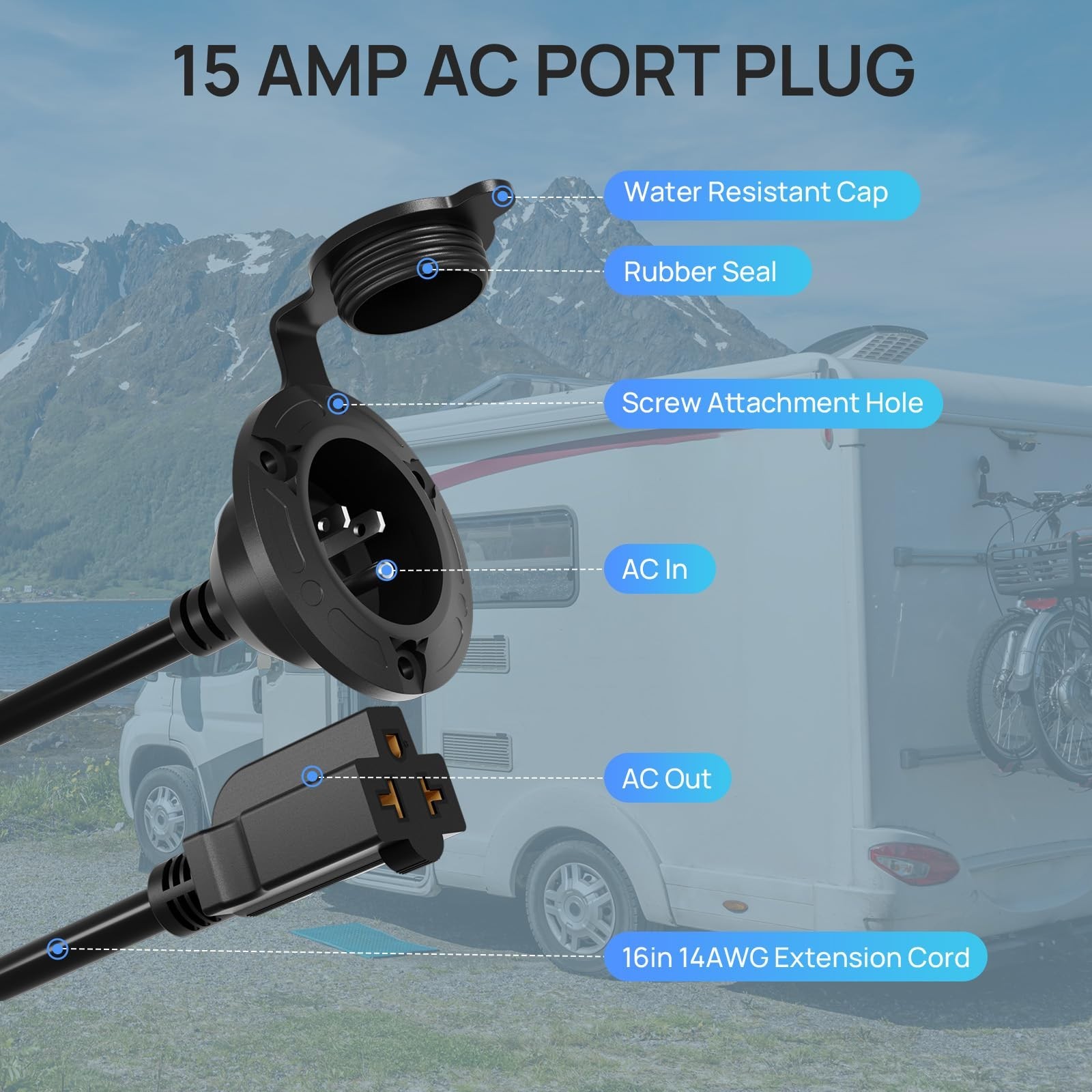 15A AC Port Plug 125V Shore Power Inlet for RVs, Golf Carts, Boats | 16″ Waterpr