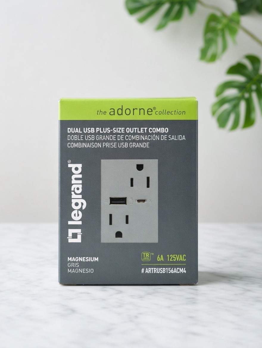 Legrand Adorne Dual USB Plus-Size Outlet Combo, #ARTRUSB156ACM4, Magnesium, New