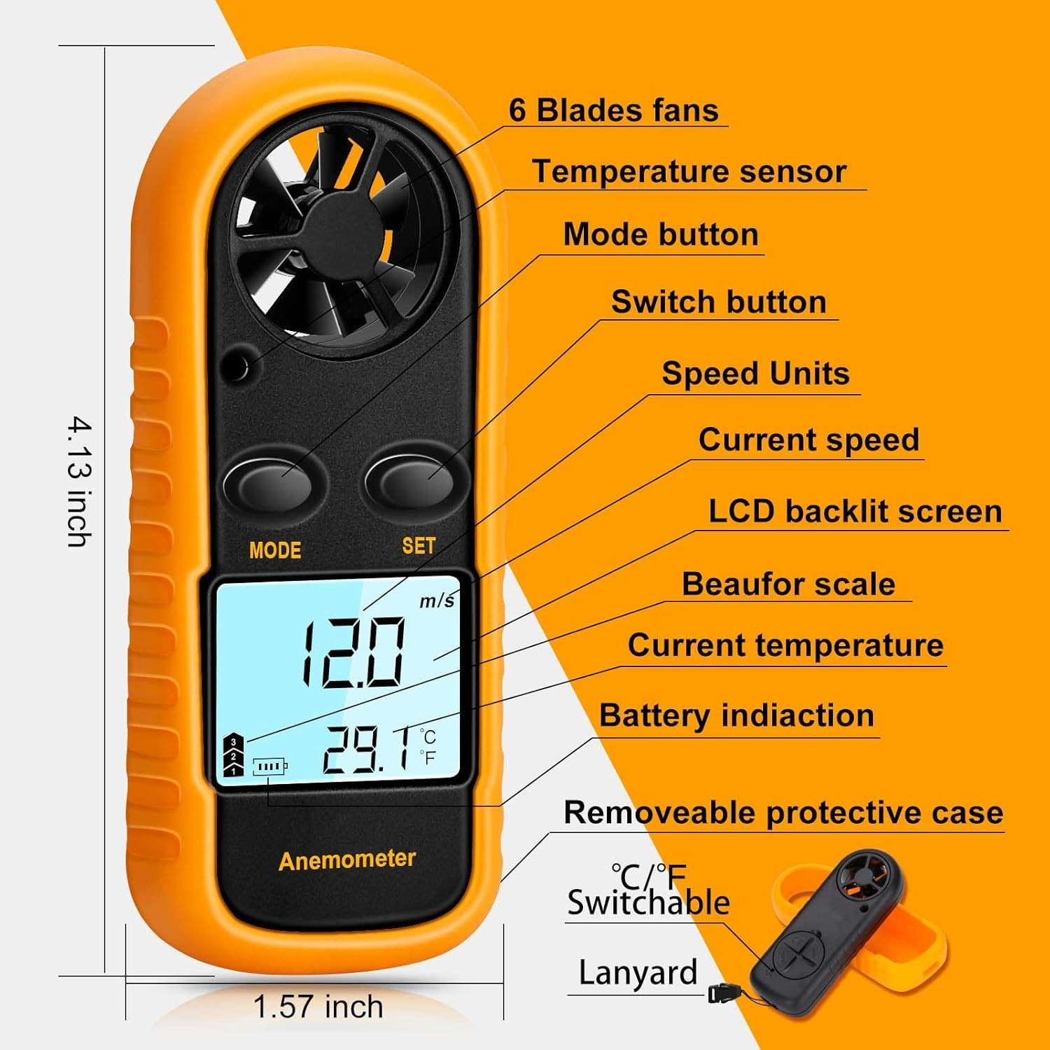 Anemometer Handheld, Light Weight Digital Wind Speed Meter, Wind Speed Temperatu