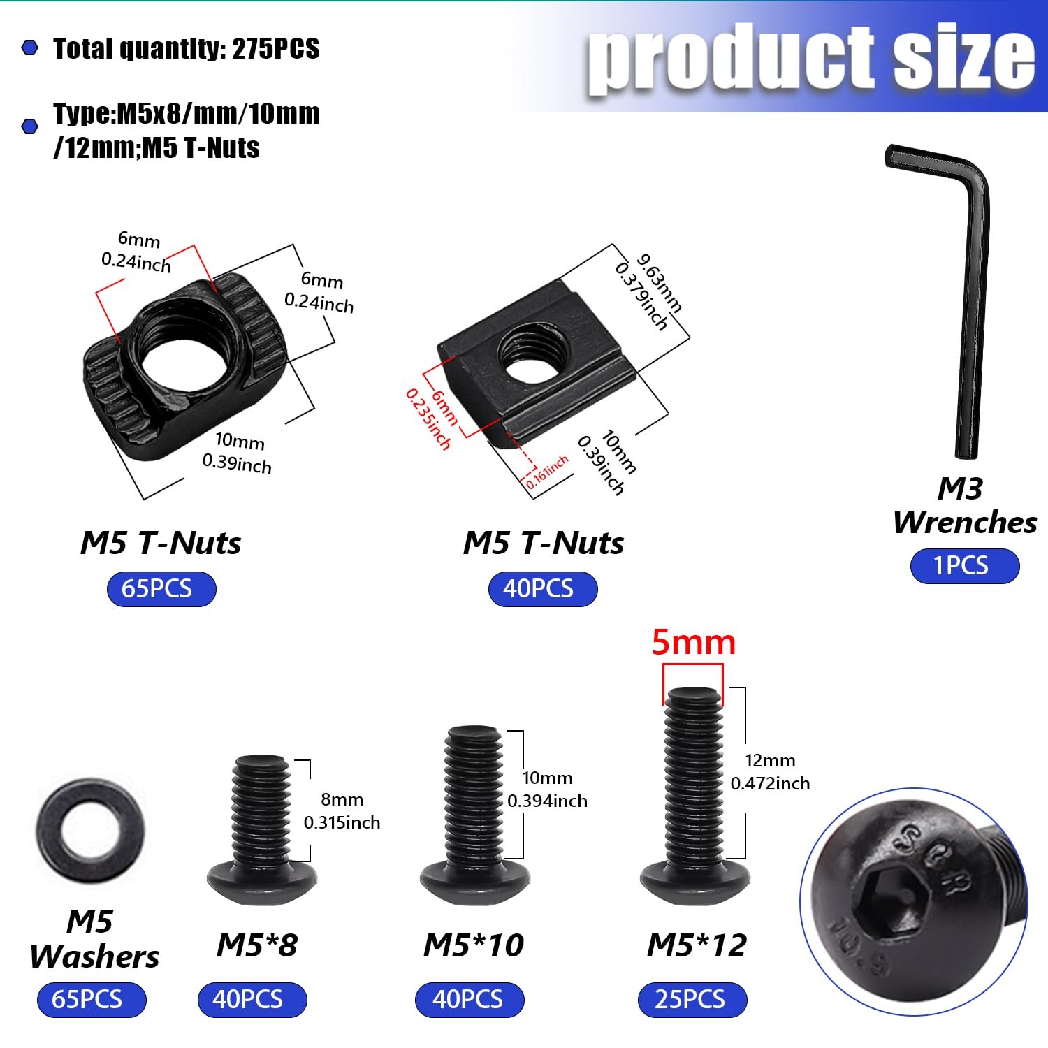 Taiss 275PCS M5 T-Nuts and Bolts Kit for 2020 Screw Kit, Black