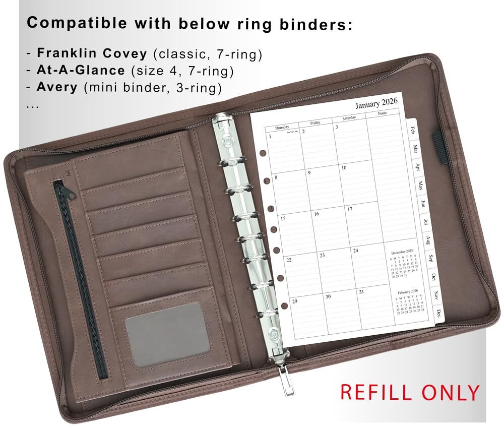 2025-2026 Monthly Planner Refills 5.5 x 8.5 Inch for 3 Ring or 7 Ring Binders