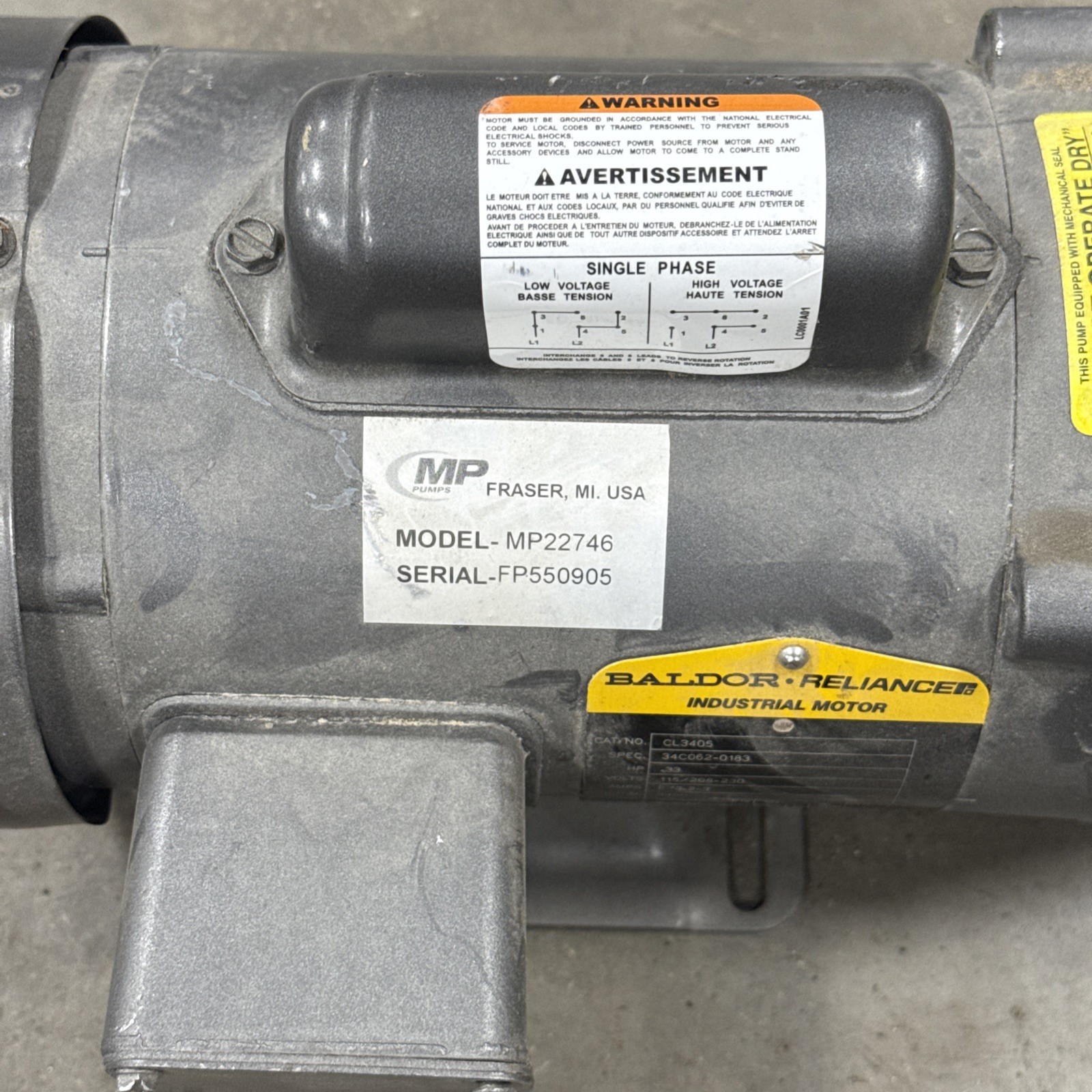 New MP Model MP22746 22746 Pump/Motor Baldor CL3405
