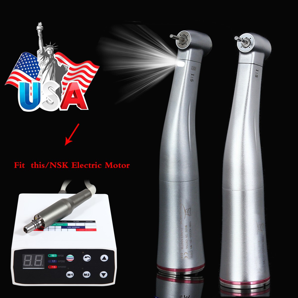 Dental 1:5 Fiber Optic LED Contra Angle Handpiece fit NSK E-type Electric Motor