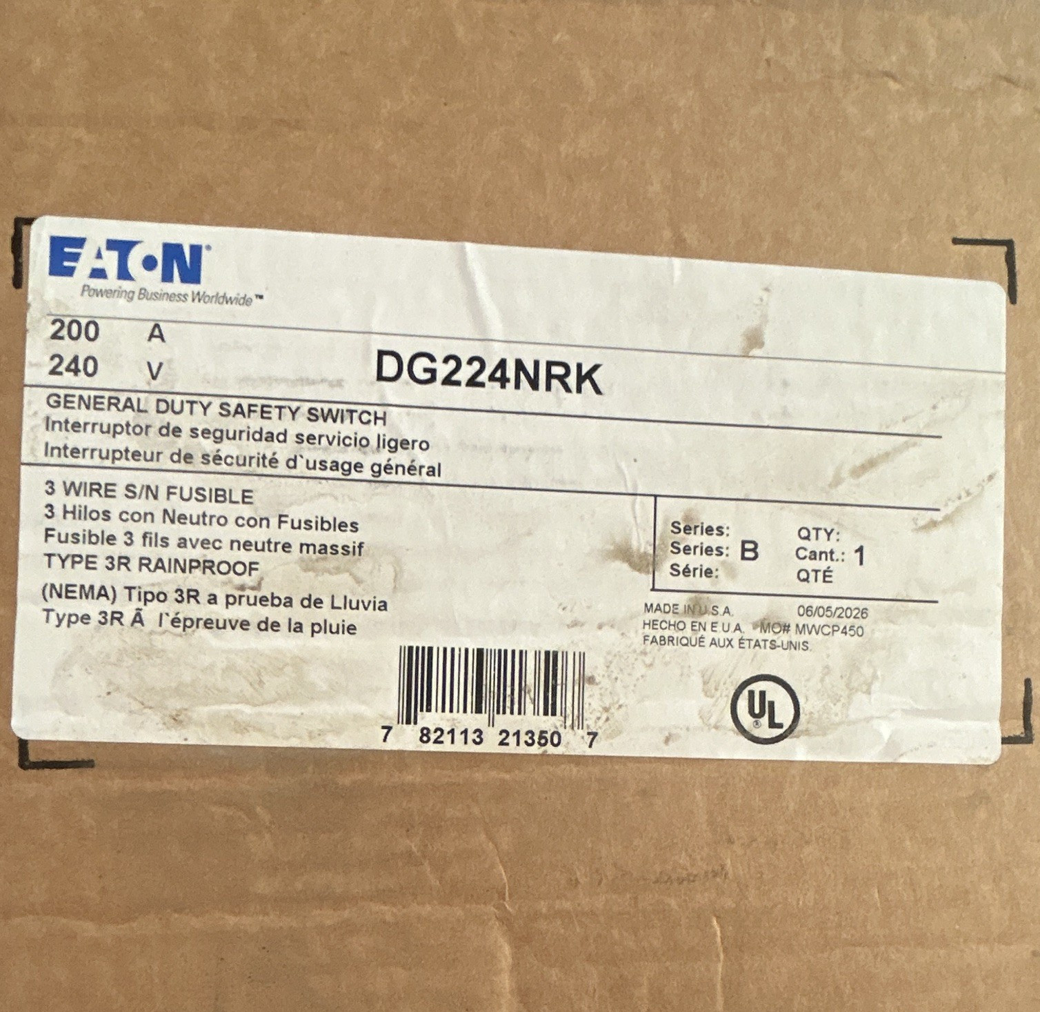 Eaton DG224NRK Safety Switch 200A 240V Fusible Rainproof General Duty