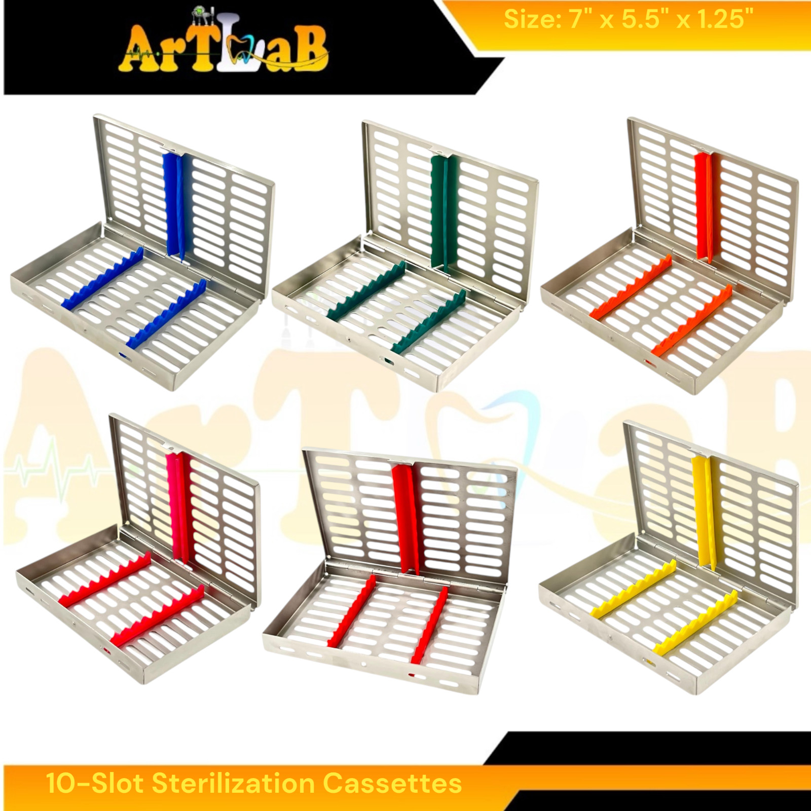 7in x 5.5in x 1.25in Sterilization Cassettes with 10-Slot Inserts Pack of 5