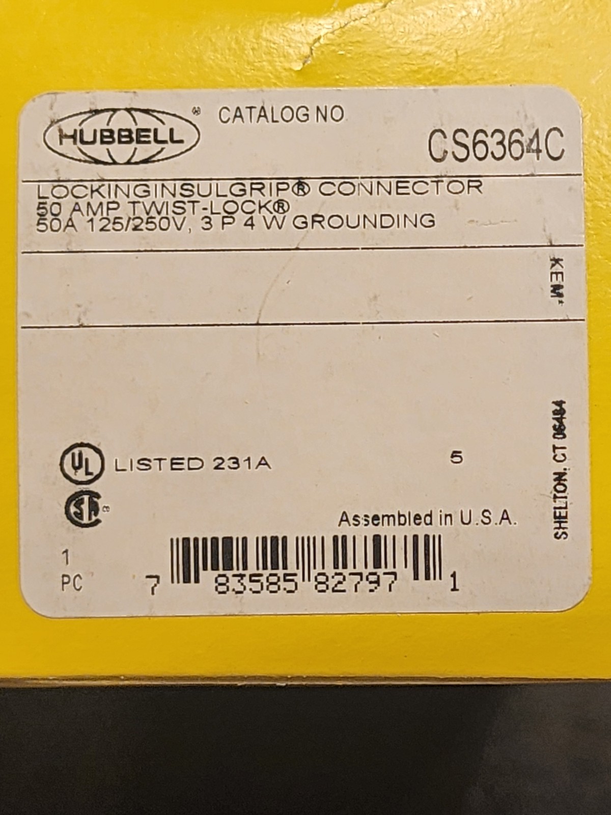 HUBBELL CS6364C 50A Twist-Lock Connector 3P 4W Grounding 125/250V Free Shipping
