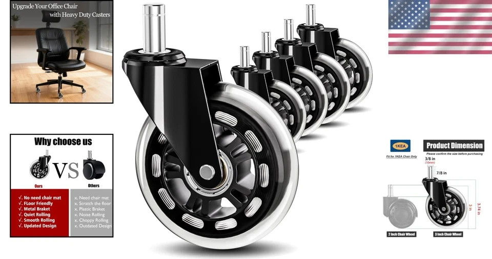 IKEA Office Chair Wheels Replacement for Hardwood Floor and Carpet, 10mm Stem…