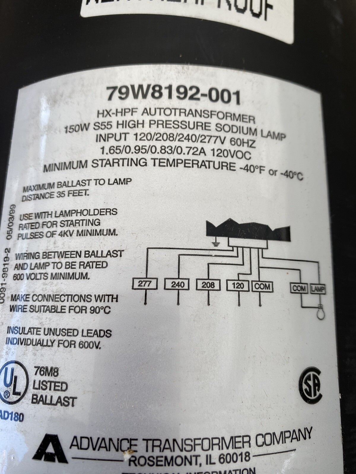 (OA) 79W8192-001 Philips Advance Outdoor Weatherproof Ballast 150W S55
