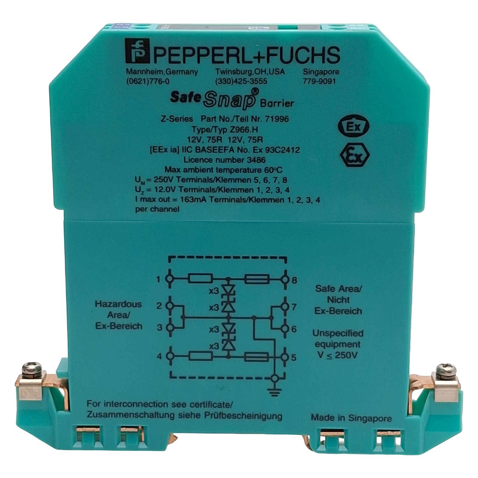 Pepperl + Fuchs 71996 Z966.H Safe Snap Zener Barrier, 2-Ch 10V @ 10µA AC Version