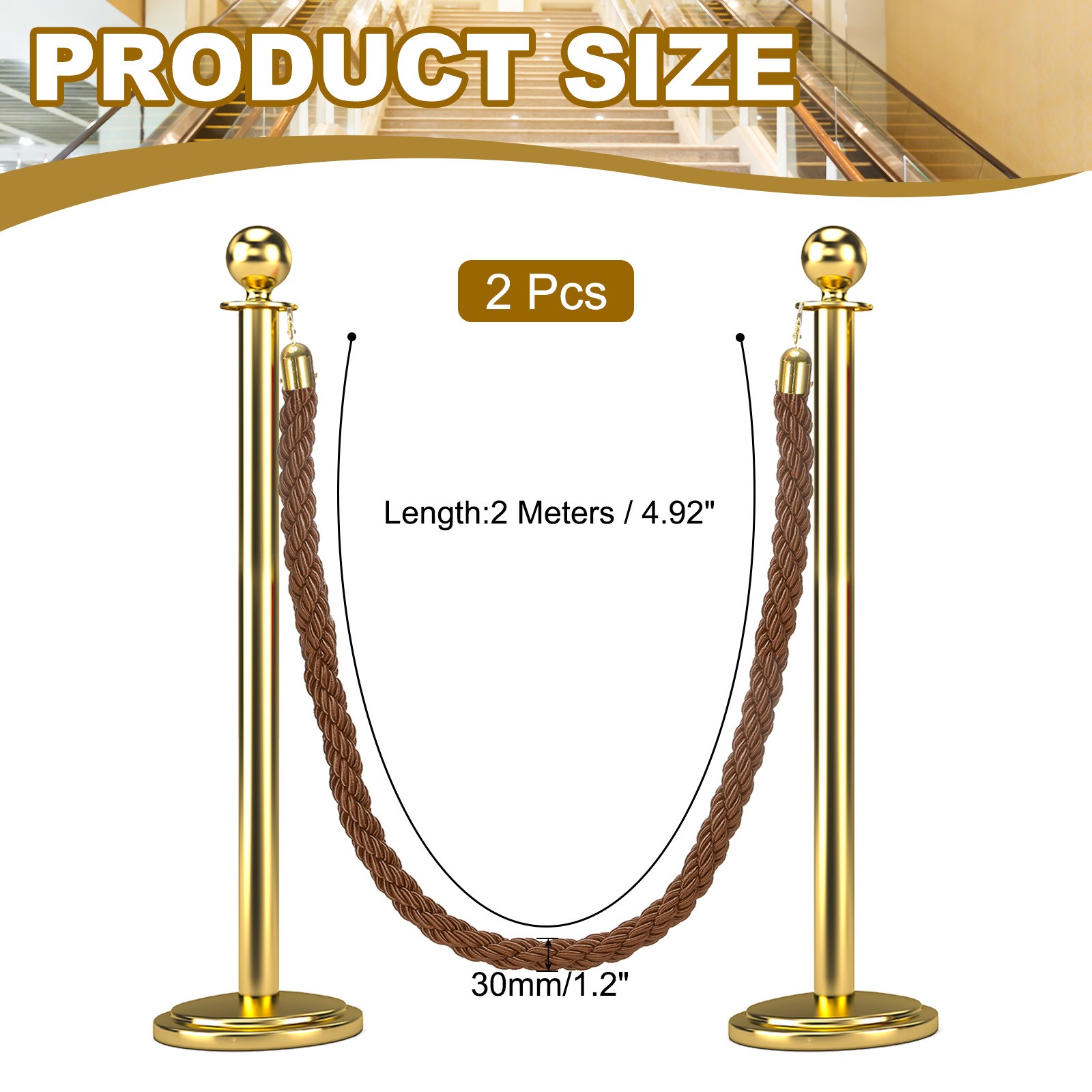 2 Pcs 6.6 Ft/2 m Twisted Stanchion Rope Barrier Rope with Hooks Coffee Golden