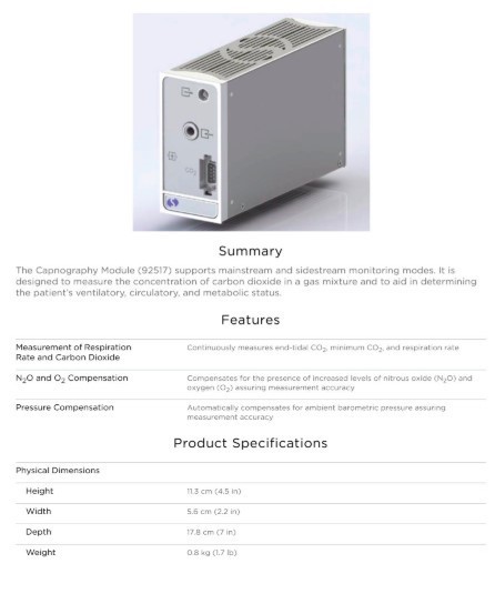 Spacelabs Capnography module and Capno Pod measure end-tidal CO2 (EtCO2),