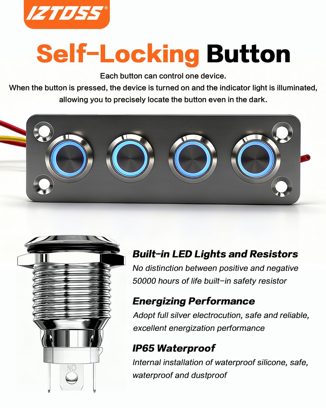 4 Gang Aluminum Marine Rocker Switch Panel, Pre-Wired, Blue LED, 12-24V, Yacht