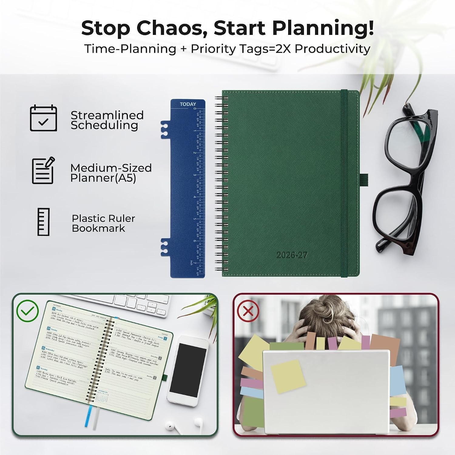 IN-LUXPRO 2026-2027 Green Vegan Leather Spiral Planner Agenda 8.5×6.5