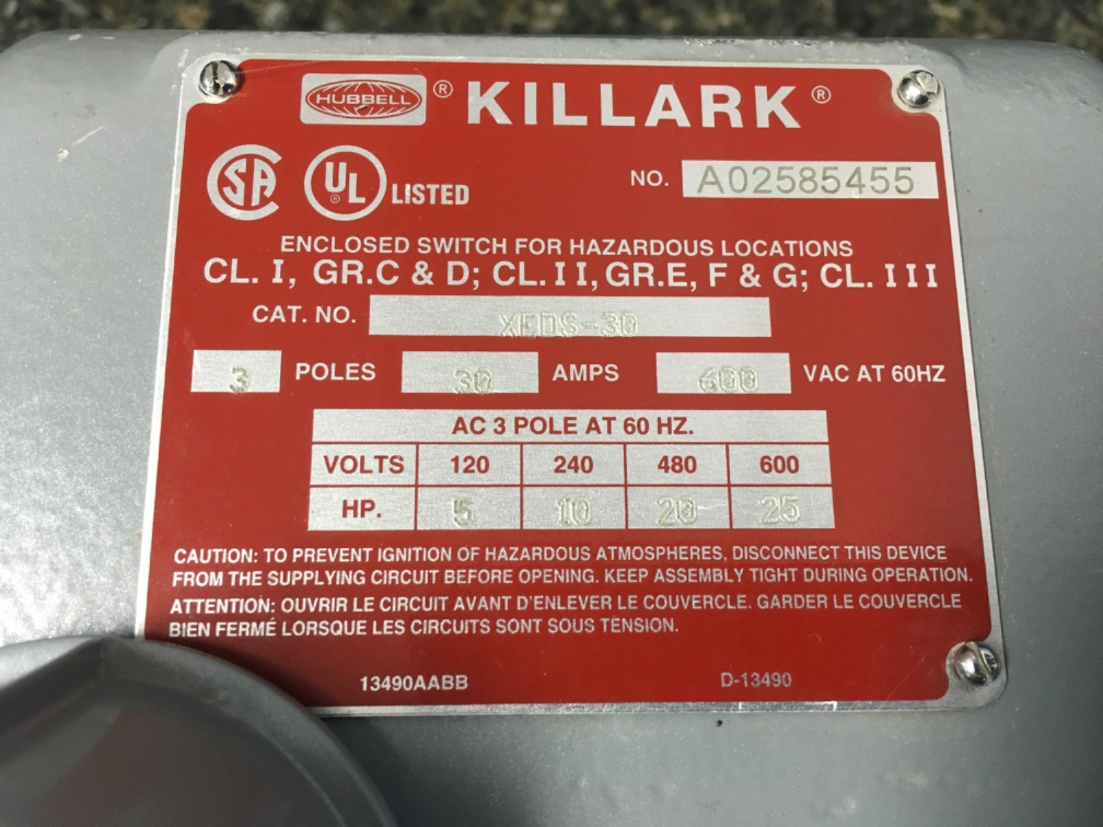 Killark XEDS-30 3 Pole 30A 600V Explosion Proof Disconnect Switch
