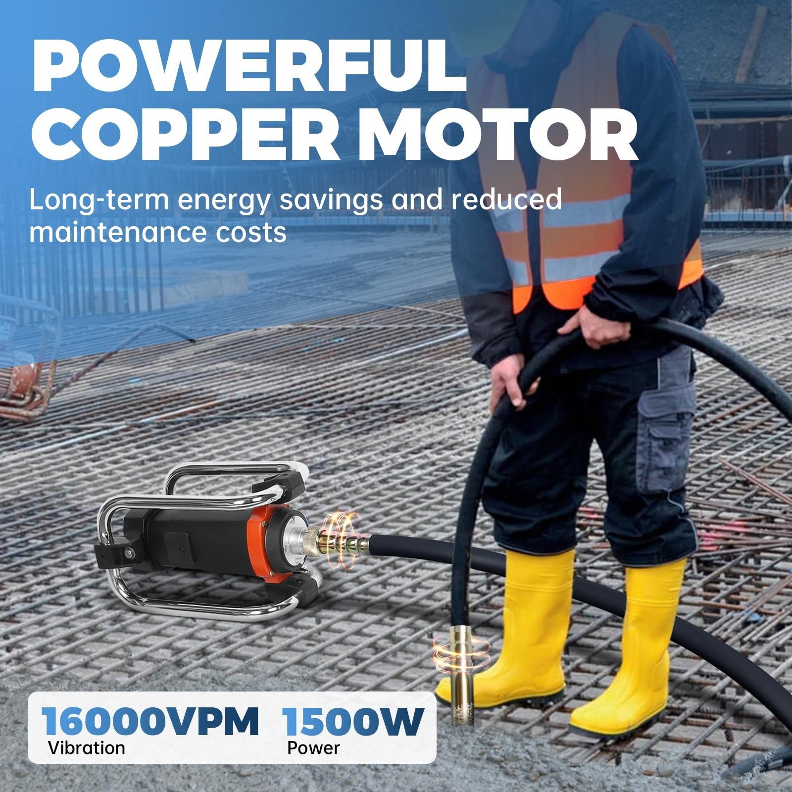1300W Power Concrete Vibrator 16000 VPM Durable 2HP 14.75 FT Copper Engine