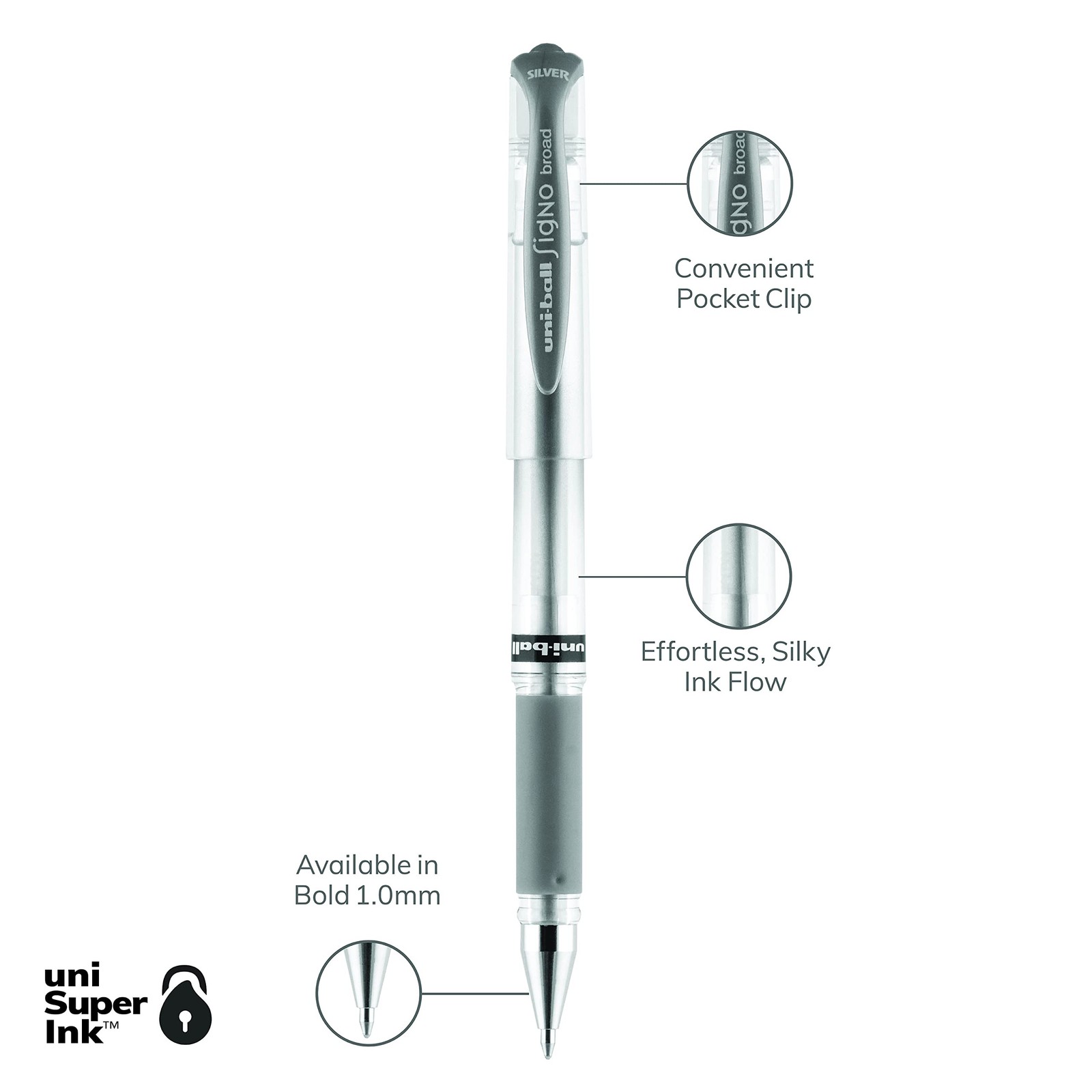 uniball Impact Gel Pen, Stick, Medium 1 Mm, Silver Metallic Office Product