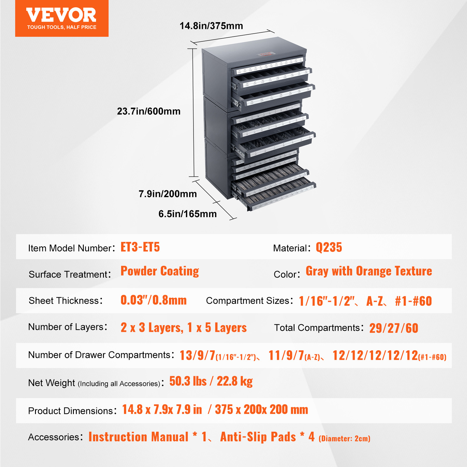 VEVOR Drill Bit Dispenser Organizer Cabinet 3 Pieces Three-Drawer Five-Drawer