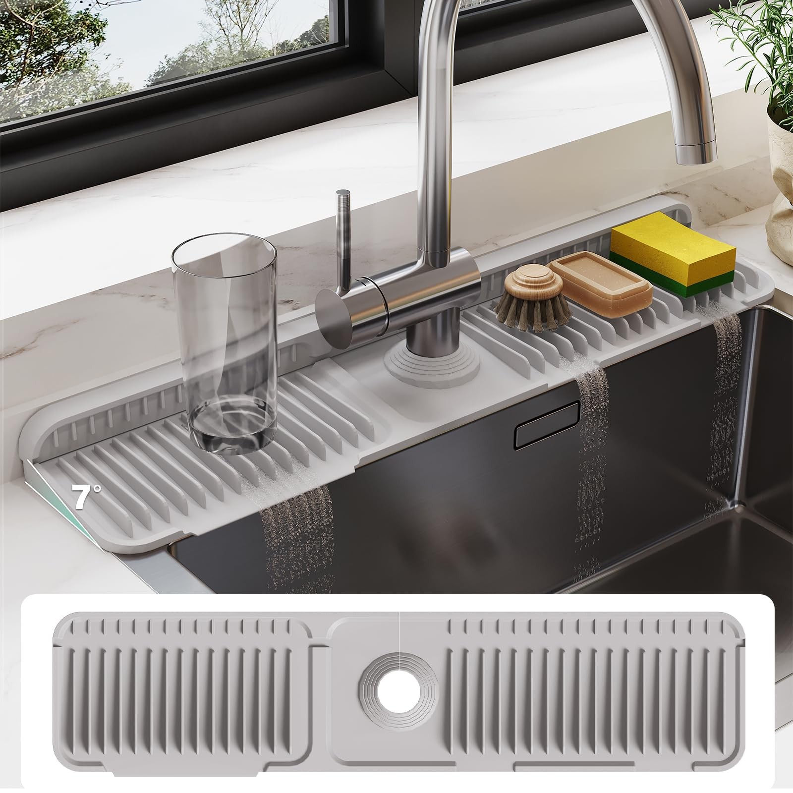 24 Inch Silicone Faucet Mat for Kitchen Sink Splash Guard – 7° Slope Water Drain