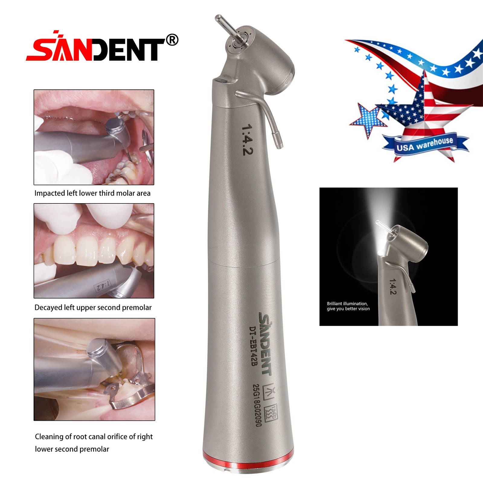 SANDENT Handpiece LED 1:4.2 Contra Angle 45° Surgical External Spray