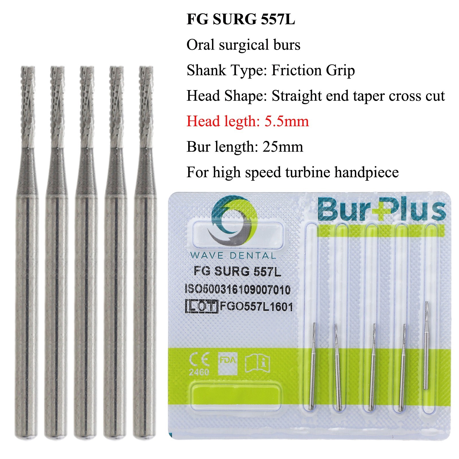 WAVE Dental Carbide Oral Surgical Bur FG 557 SL Length 25mm Friction Grip Burs